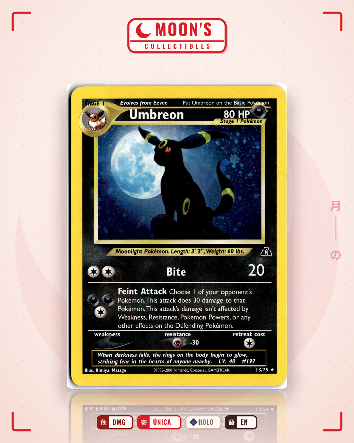 Carta Pokémon Umbreon · Neo Discovery #13/75 (DMG) — pieza única en Moon's Collectibles México