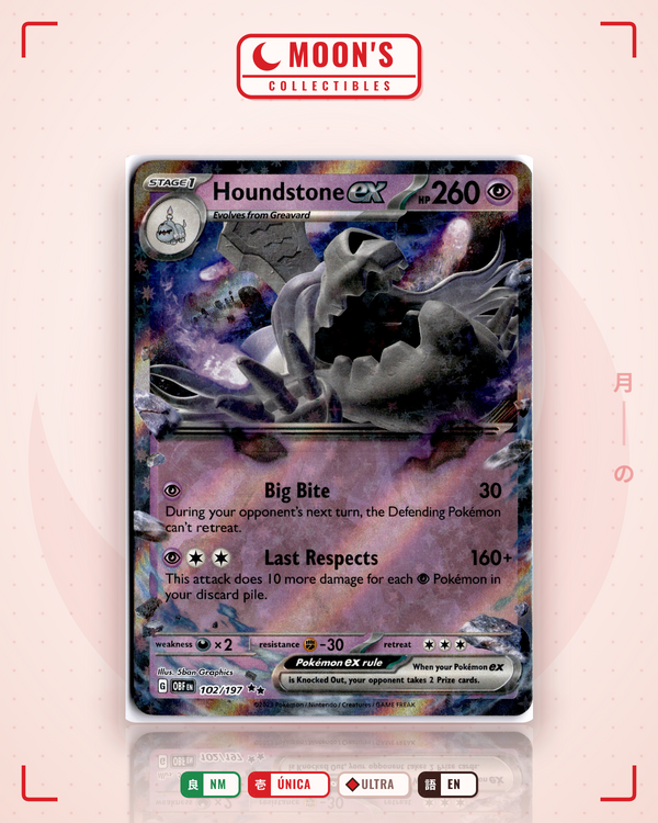 Carta Pokémon Houndstone ex · Obsidian Flames #102/197 (NM) — pieza única en Moon's Collectibles México