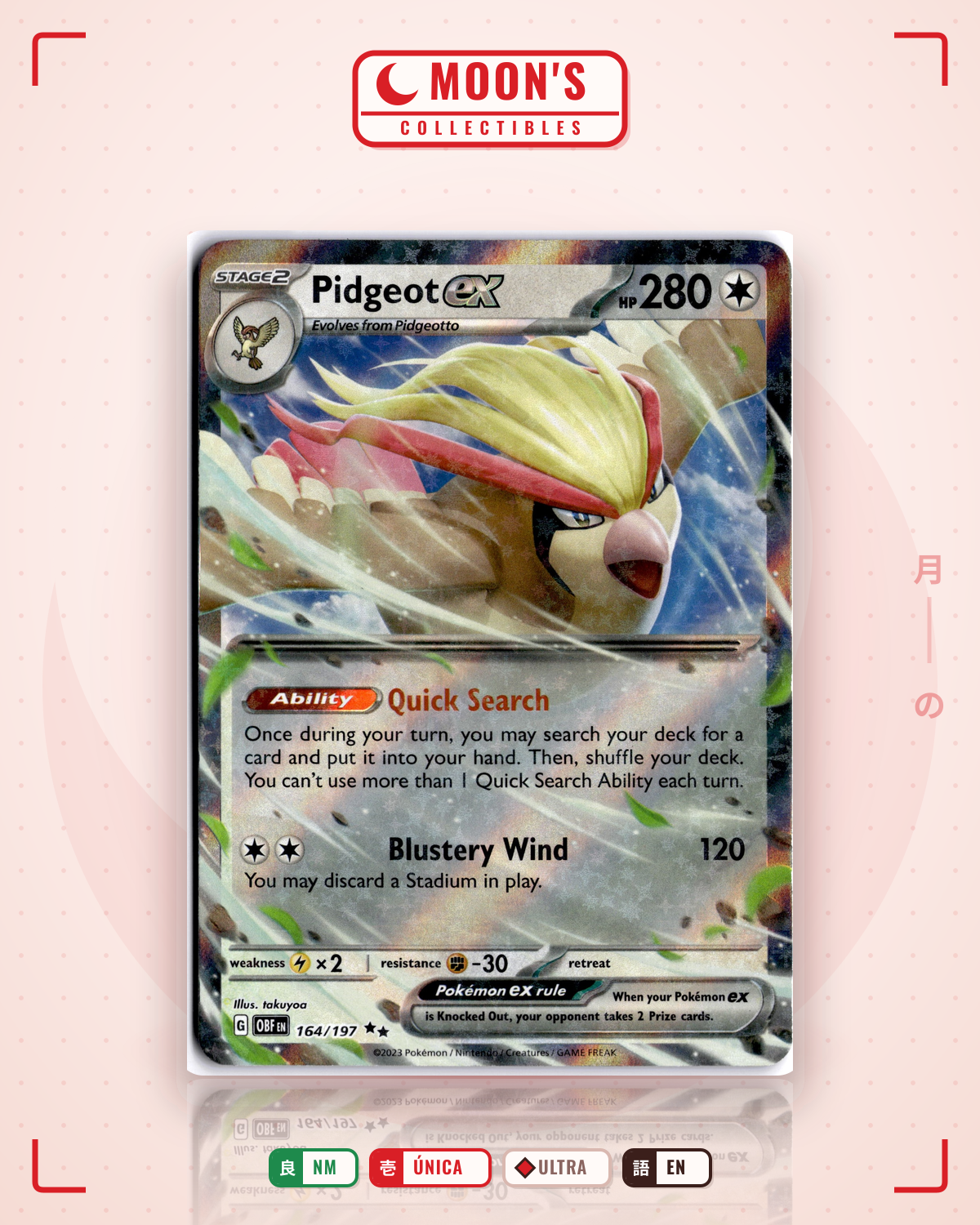Carta Pokémon Pidgeot ex · Obsidian Flames #164/197 (NM) — pieza única en Moon's Collectibles México