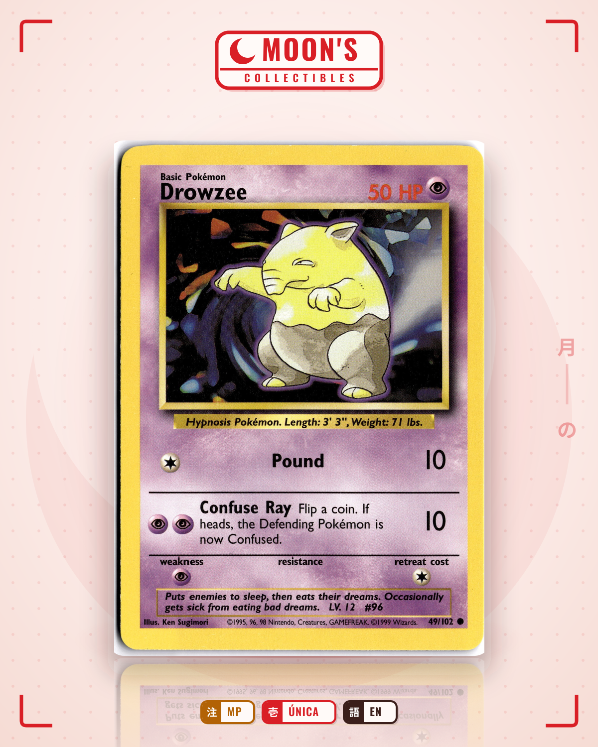 Carta Pokémon Drowzee · Base #49/102 (MP) — pieza única en Moon's Collectibles México