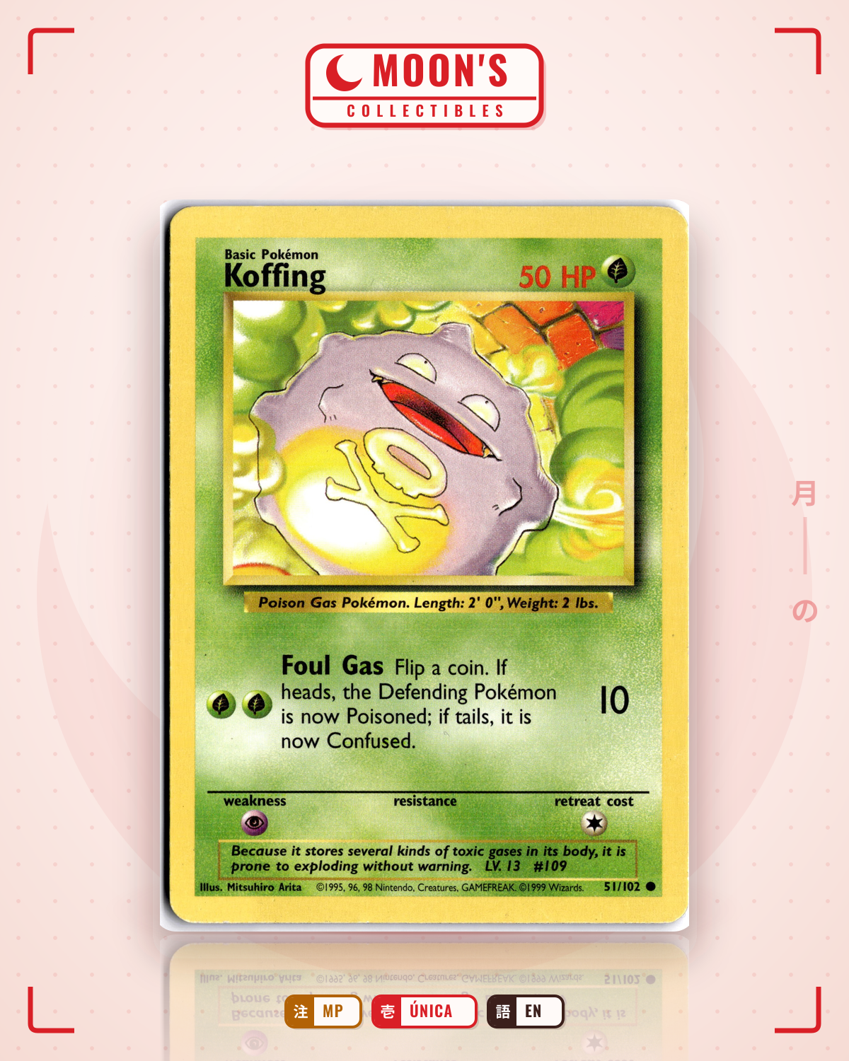 Carta Pokémon Koffing · Base #51/102 (MP) — pieza única en Moon's Collectibles México