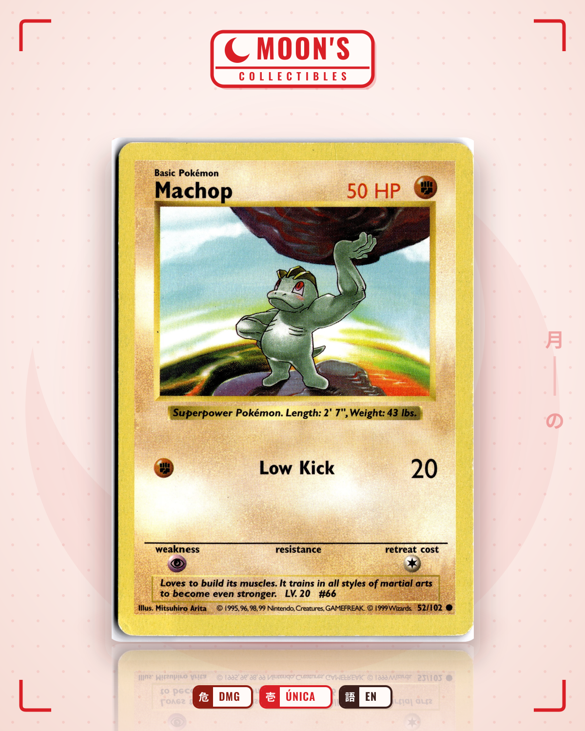 Carta Pokémon Machop · Base #52/102 (DMG) — pieza única en Moon's Collectibles México