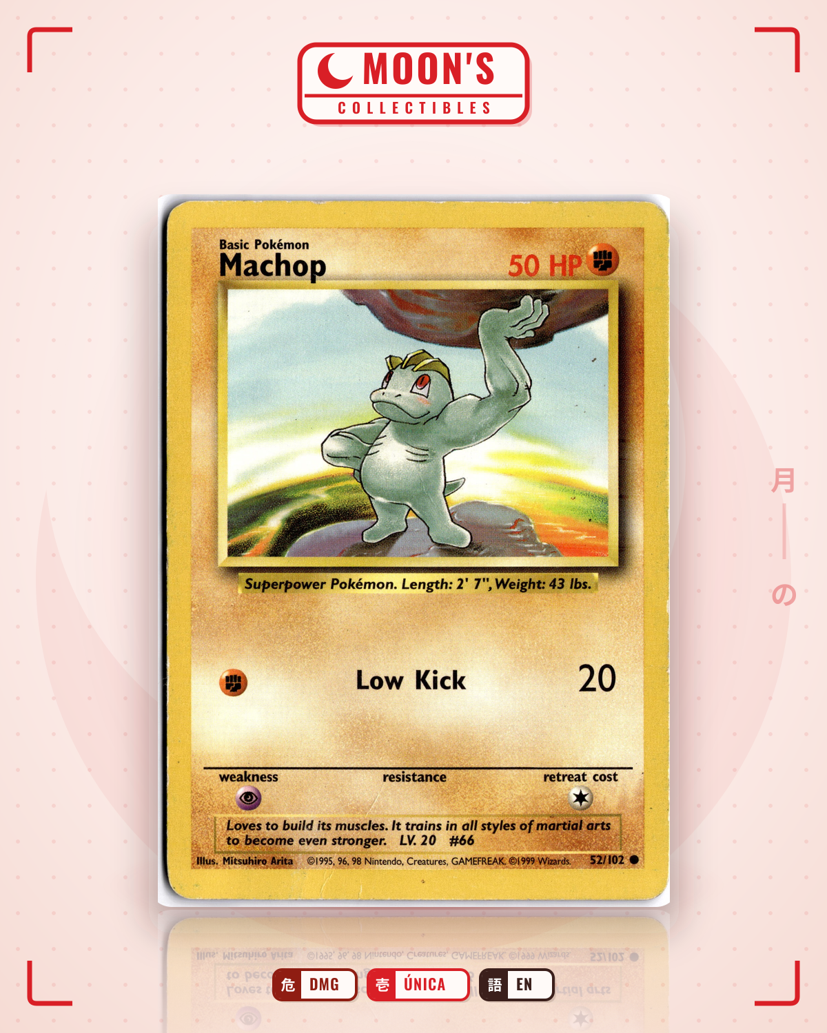 Carta Pokémon Machop · Base #52/102 (DMG) — pieza única en Moon's Collectibles México