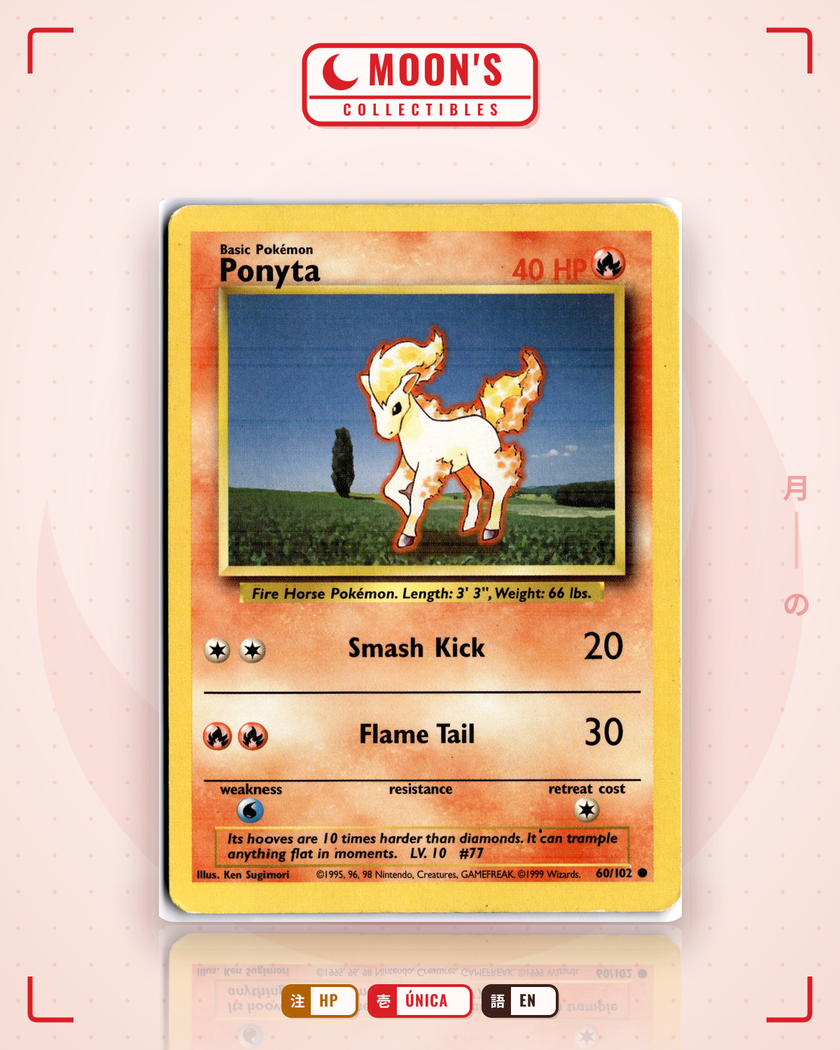 Carta Pokémon Ponyta · Base #60/102 (HP) — pieza única en Moon's Collectibles México
