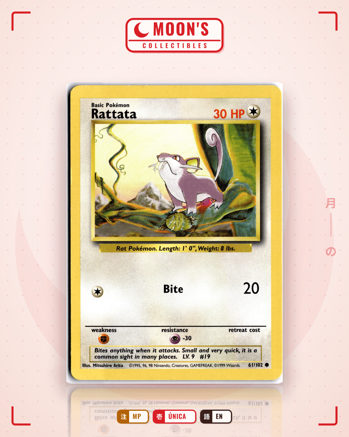 Carta Pokémon Rattata · Base #61/102 (MP) — pieza única en Moon's Collectibles México