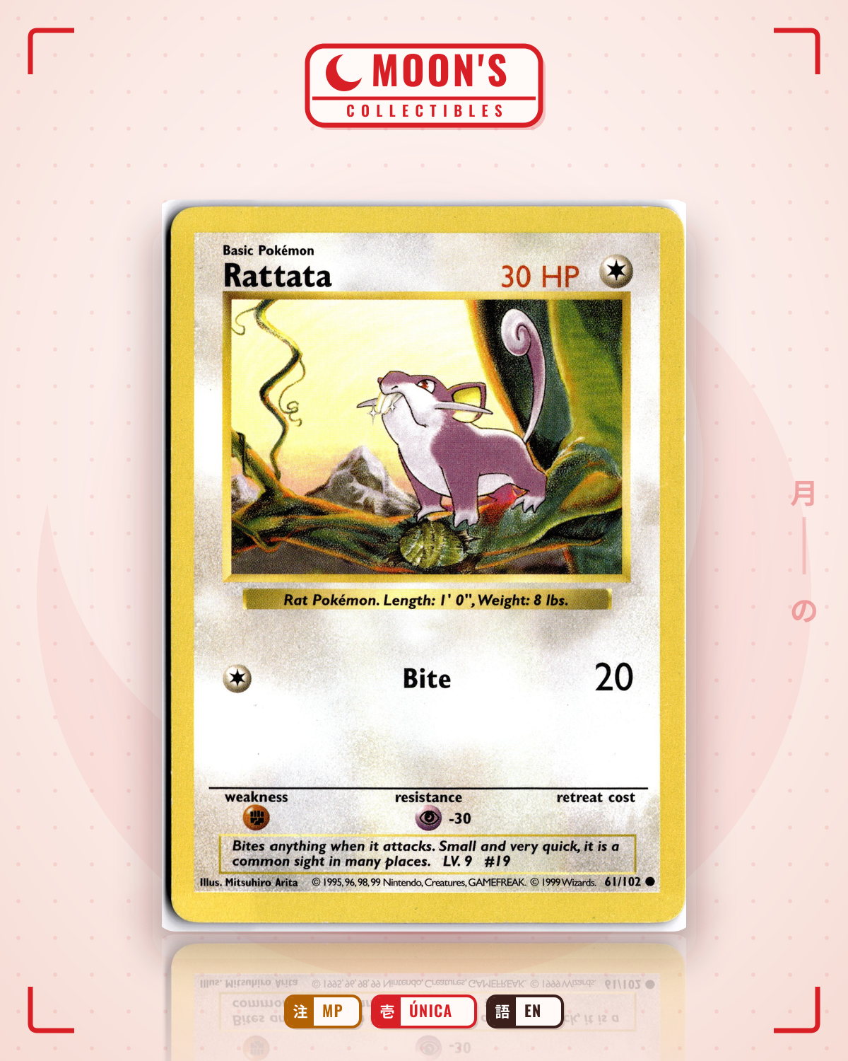 Carta Pokémon Rattata · Base #61/102 (MP) — pieza única en Moon's Collectibles México