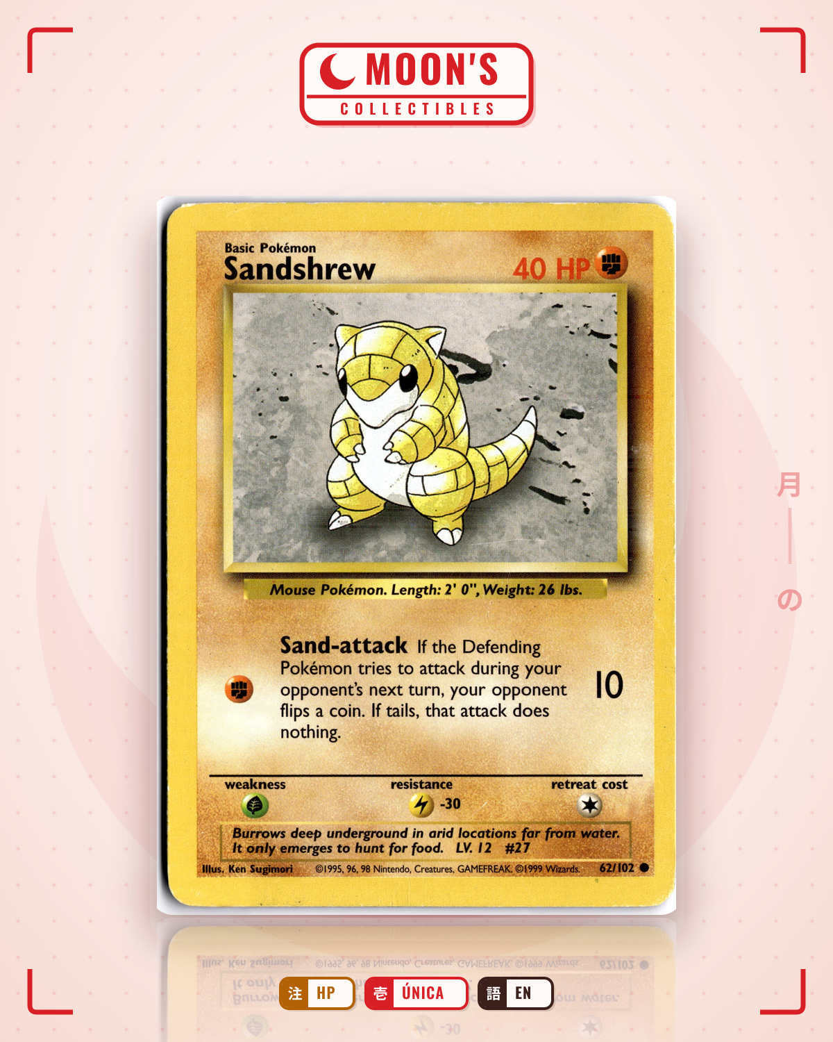 Carta Pokémon Sandshrew · Base #62/102 (HP) — pieza única en Moon's Collectibles México