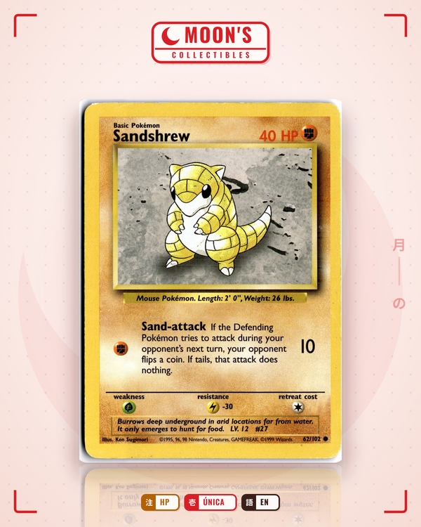 Carta Pokémon Sandshrew · Base #62/102 (HP) — pieza única en Moon's Collectibles México