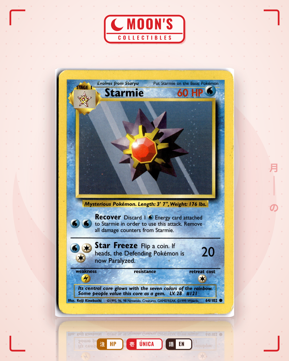 Carta Pokémon Starmie · Base #64/102 (HP) — pieza única en Moon's Collectibles México