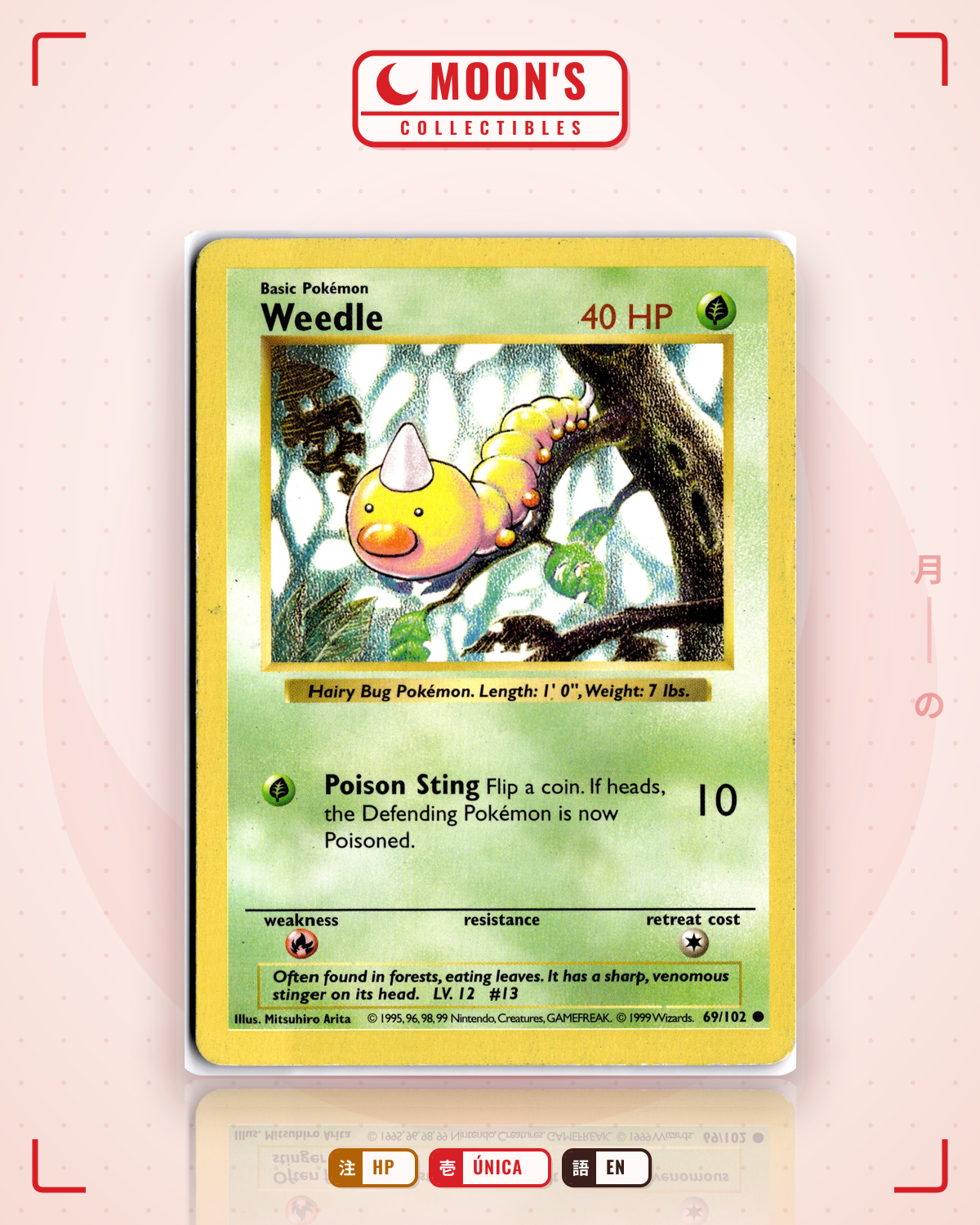 Carta Pokémon Weedle · Base #69/102 (HP) — pieza única en Moon's Collectibles México