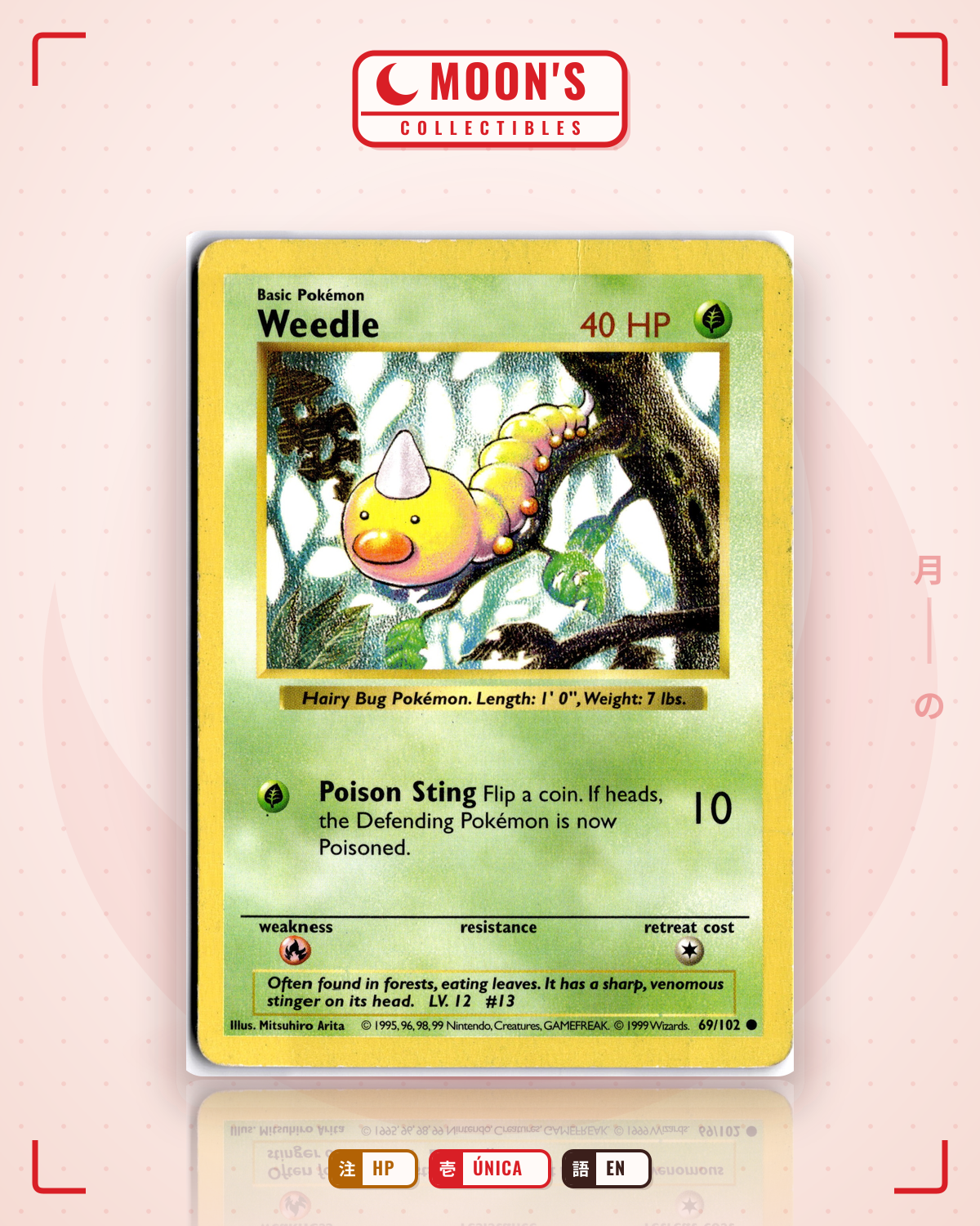 Carta Pokémon Weedle · Base #69/102 (HP) — pieza única en Moon's Collectibles México