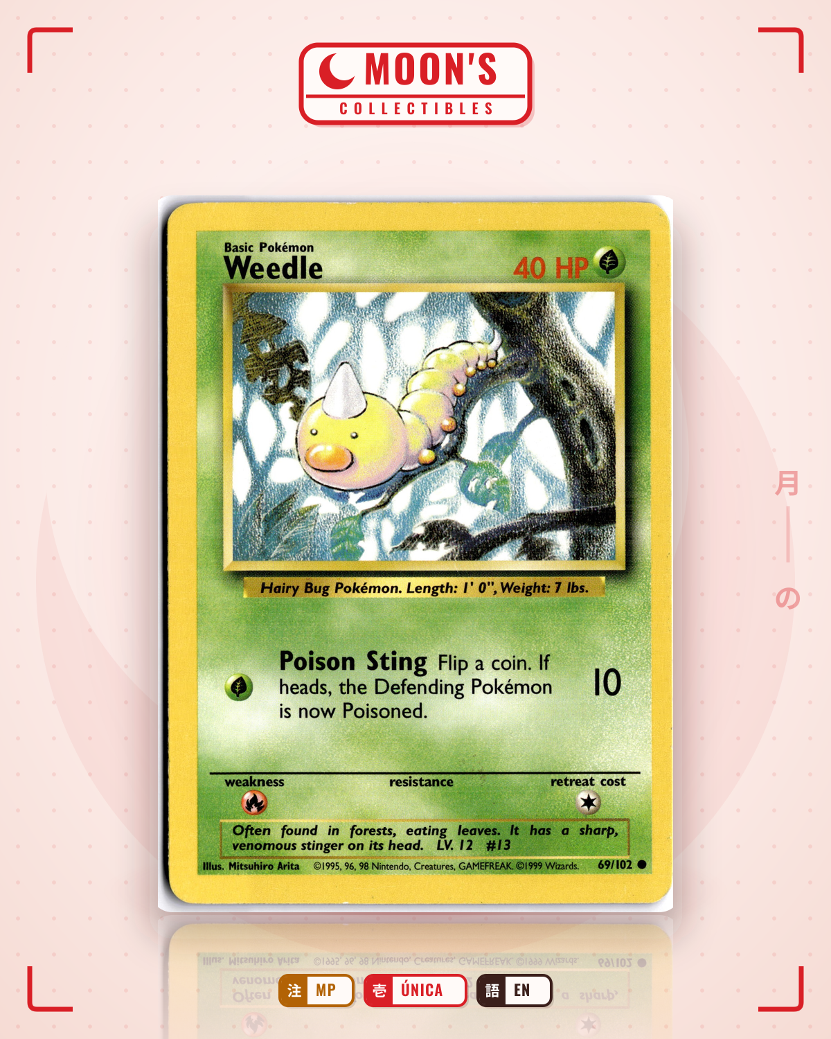 Carta Pokémon Weedle · Base #69/102 (MP) — pieza única en Moon's Collectibles México