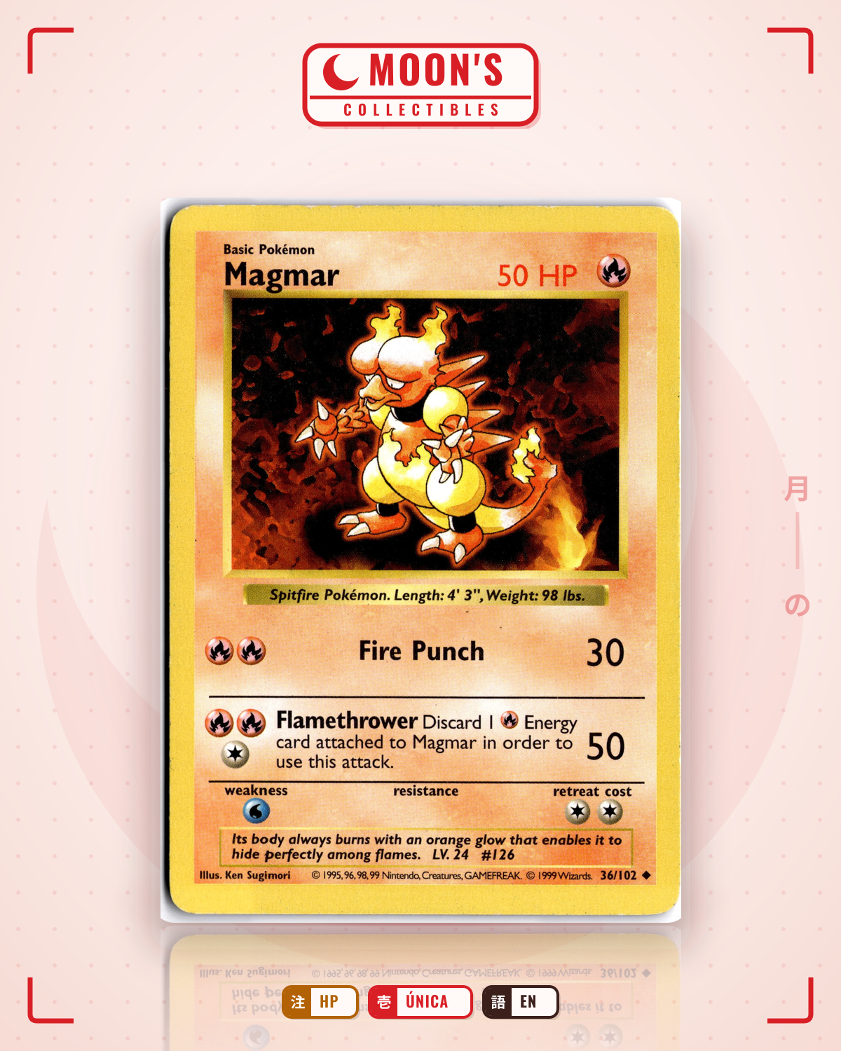 Carta Pokémon Magmar · Base #36/102 (HP) — pieza única en Moon's Collectibles México