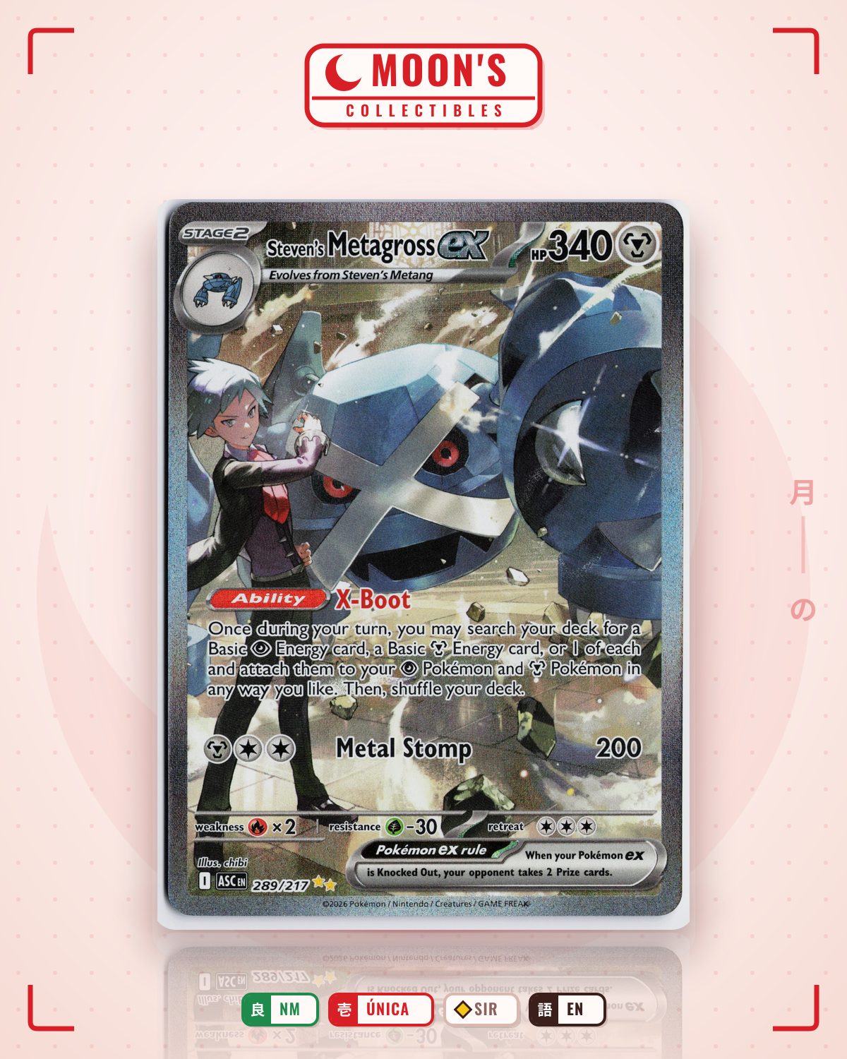 Carta Pokémon Steven's Metagross ex · Ascended Heroes #289/217 (NM) — pieza única en Moon's Collectibles México
