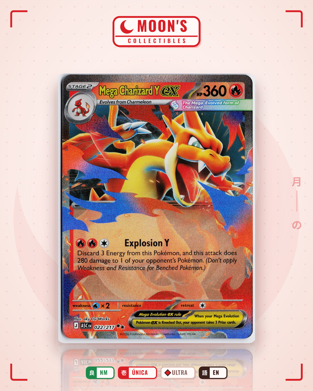 Carta Pokémon Mega Charizard Y ex · Ascended Heroes #022/217 (NM) — pieza única en Moon's Collectibles México