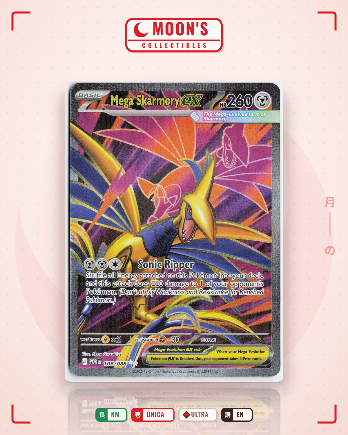 Carta Pokémon Mega Skarmory ex · Perfect Order #106/088 (NM) — pieza única en Moon's Collectibles México