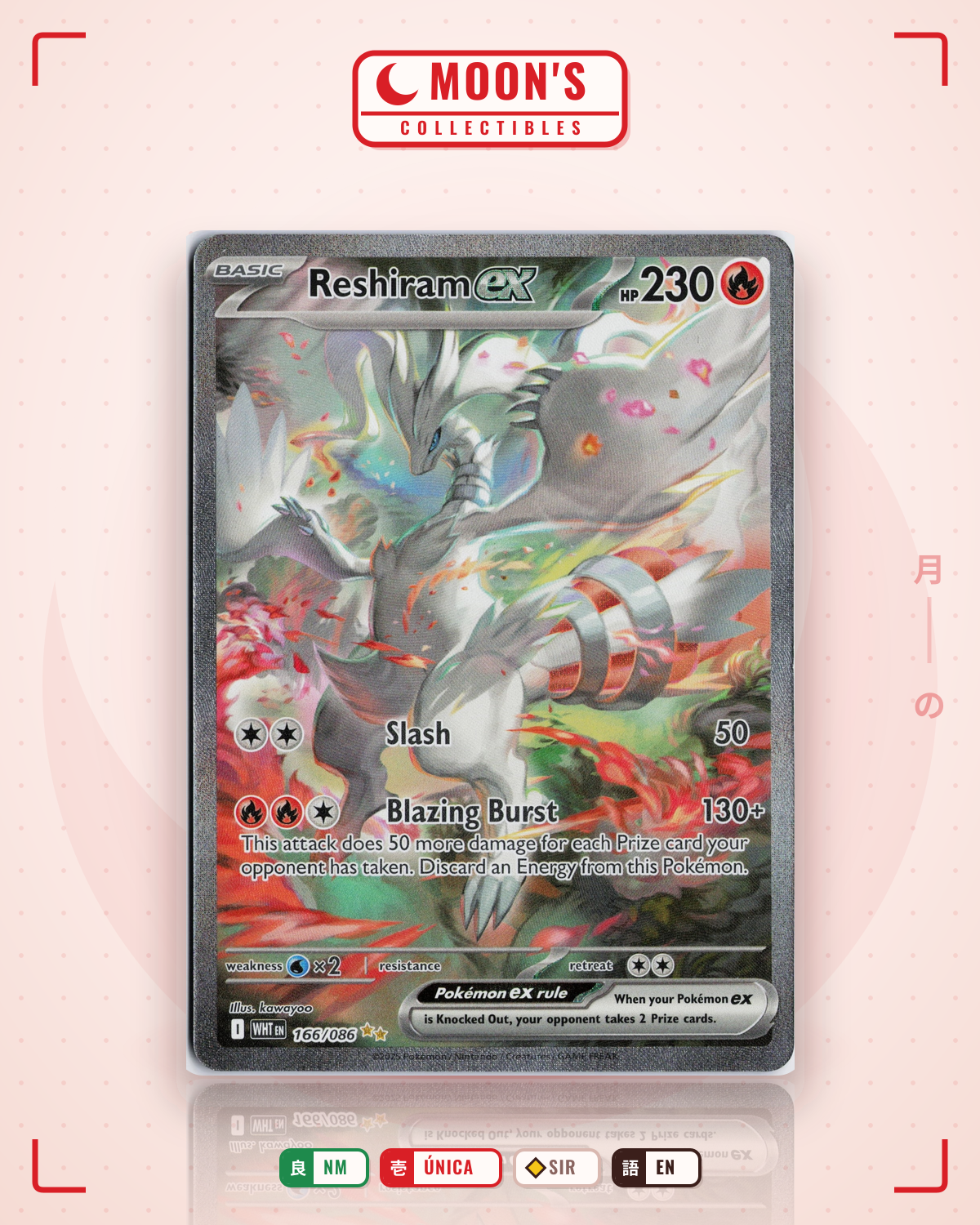 Carta Pokémon Reshiram ex · White Flare #166/086 (NM) — pieza única en Moon's Collectibles México