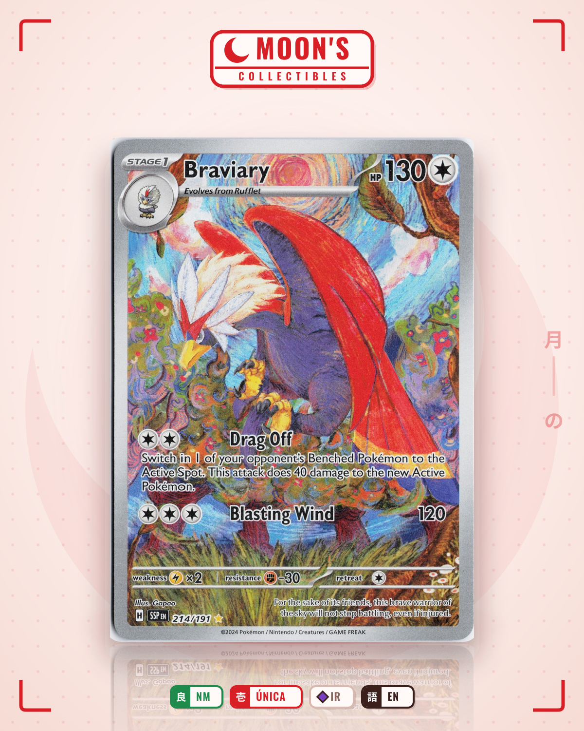 Carta Pokémon Braviary · Surging Sparks #214/191 (NM) — pieza única en Moon's Collectibles México
