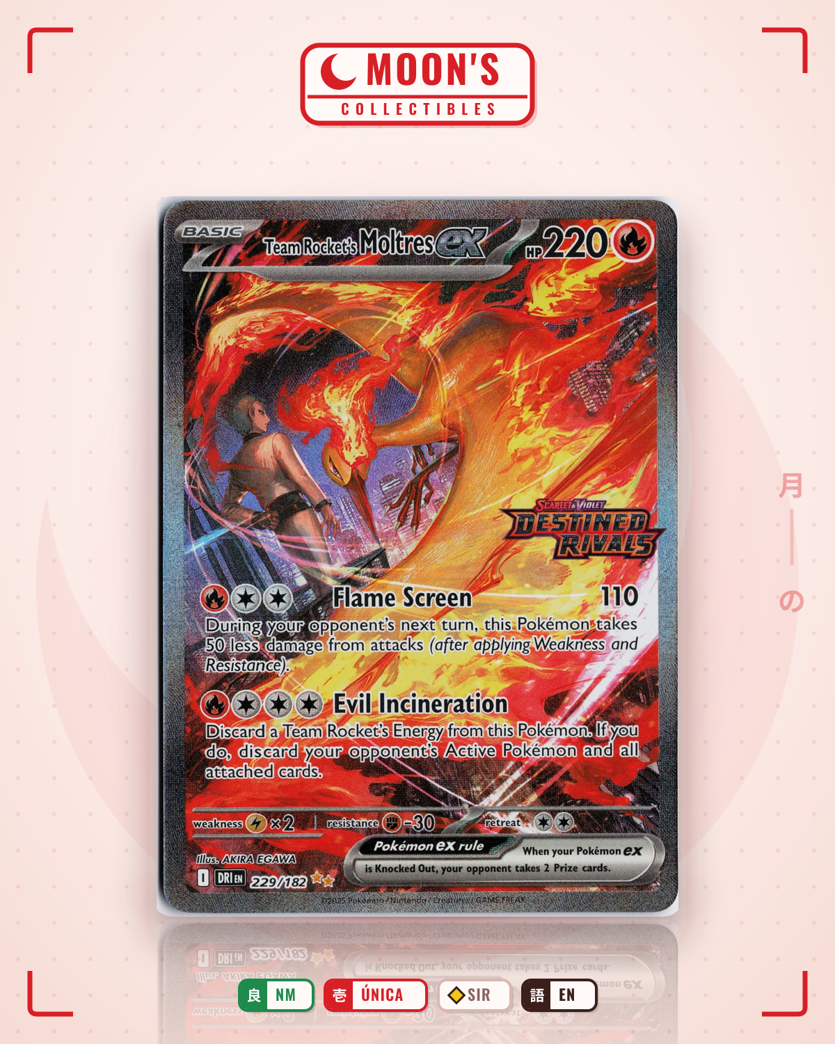 Carta Pokémon Team Rocket's Moltres ex · Destined Rivals #229/182 (NM) — pieza única en Moon's Collectibles México