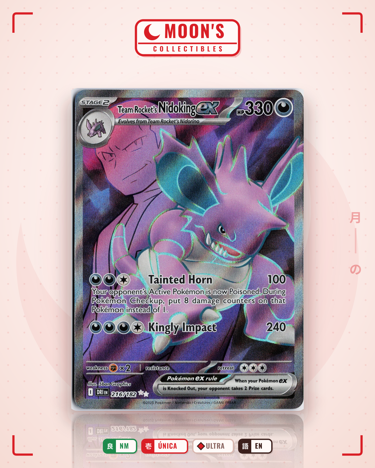 Carta Pokémon Team Rocket's Nidoking ex · Destined Rivals #216/182 (NM) — pieza única en Moon's Collectibles México