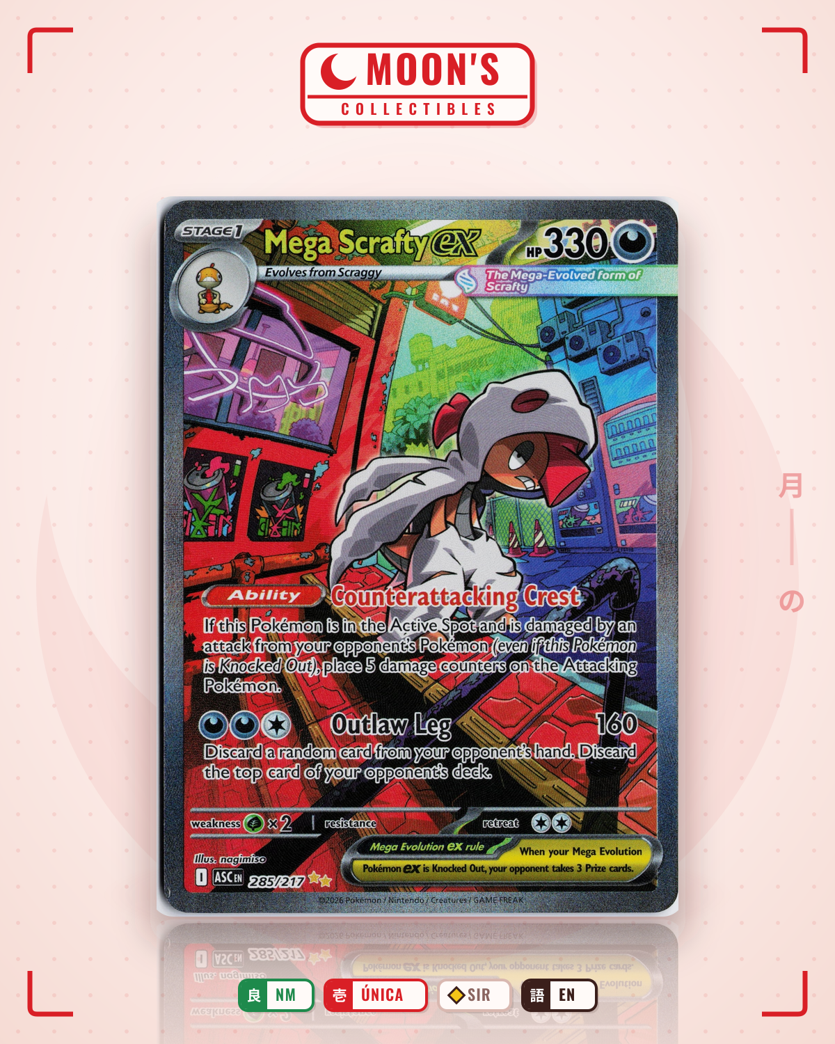 Carta Pokémon Mega Scrafty ex · Ascended Heroes #285/217 (NM) — pieza única en Moon's Collectibles México