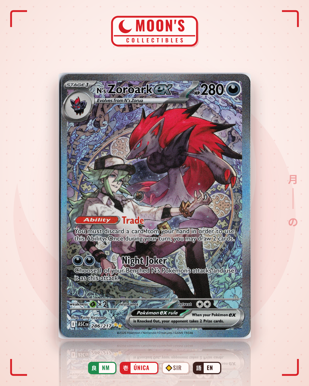 Carta Pokémon N's Zoroark ex · Ascended Heroes #286/217 (NM) — pieza única en Moon's Collectibles México
