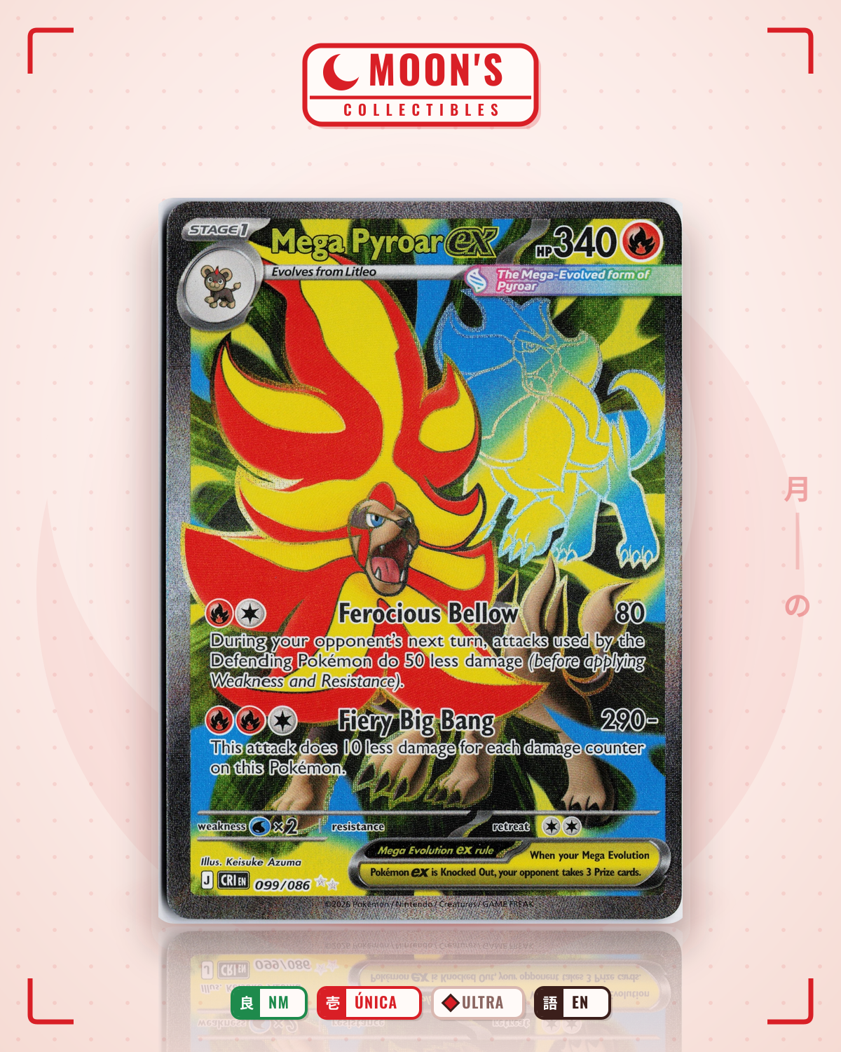 Carta Pokémon Mega Pyroar ex · Chaos Rising #099/086 (NM) — pieza única en Moon's Collectibles México