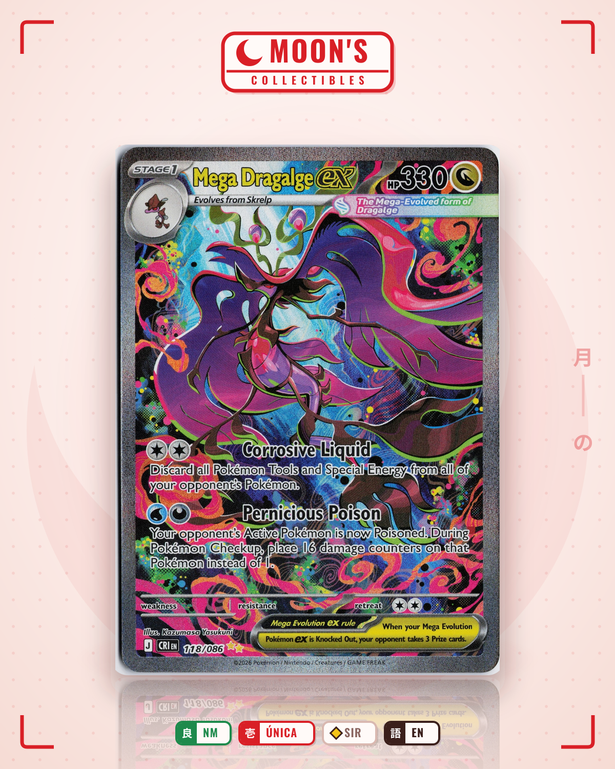 Carta Pokémon Mega Dragalge ex · Chaos Rising #118/086 (NM) — pieza única en Moon's Collectibles México