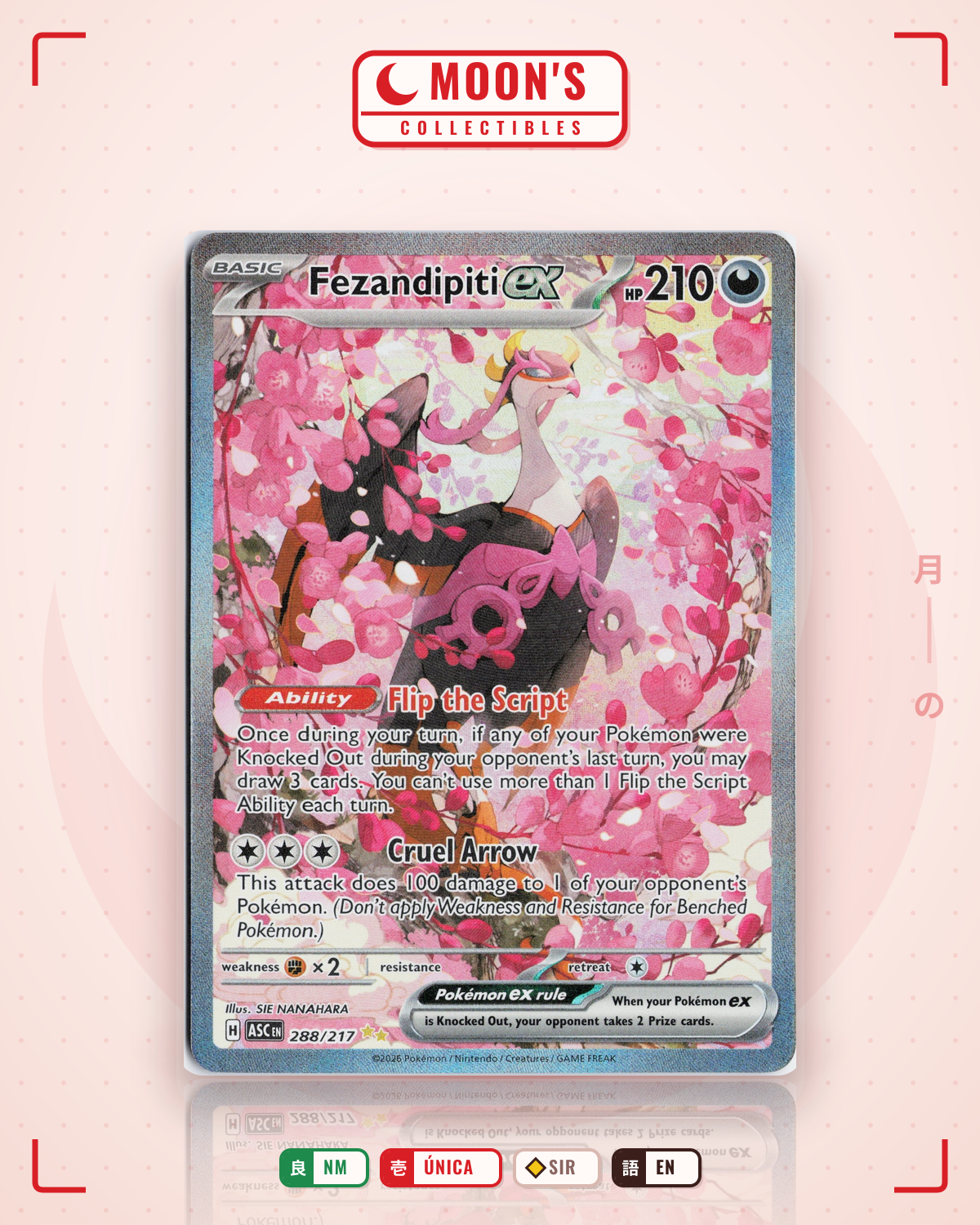 Carta Pokémon Fezandipiti ex · Ascended Heroes #288/217 (NM) — pieza única en Moon's Collectibles México