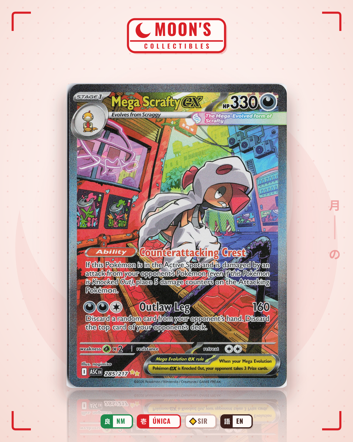 Carta Pokémon Mega Scrafty ex · Ascended Heroes #285/217 (NM) — pieza única en Moon's Collectibles México