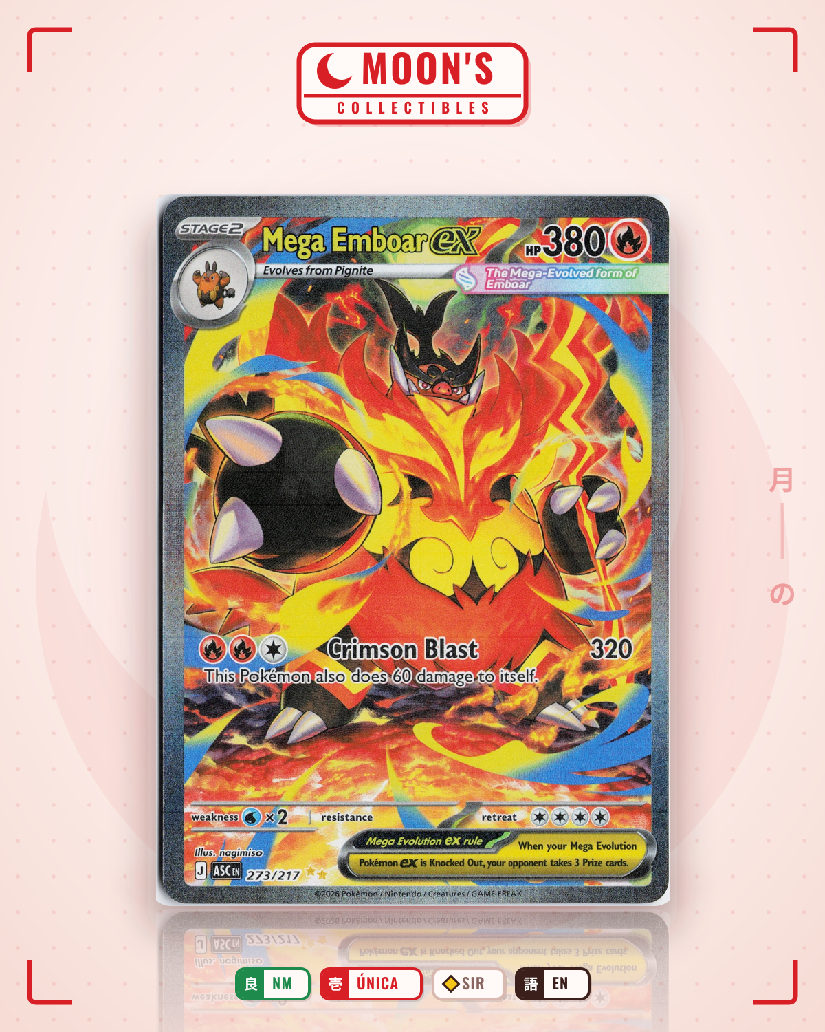 Carta Pokémon Mega Emboar ex · Ascended Heroes #273/217 (NM) — pieza única en Moon's Collectibles México