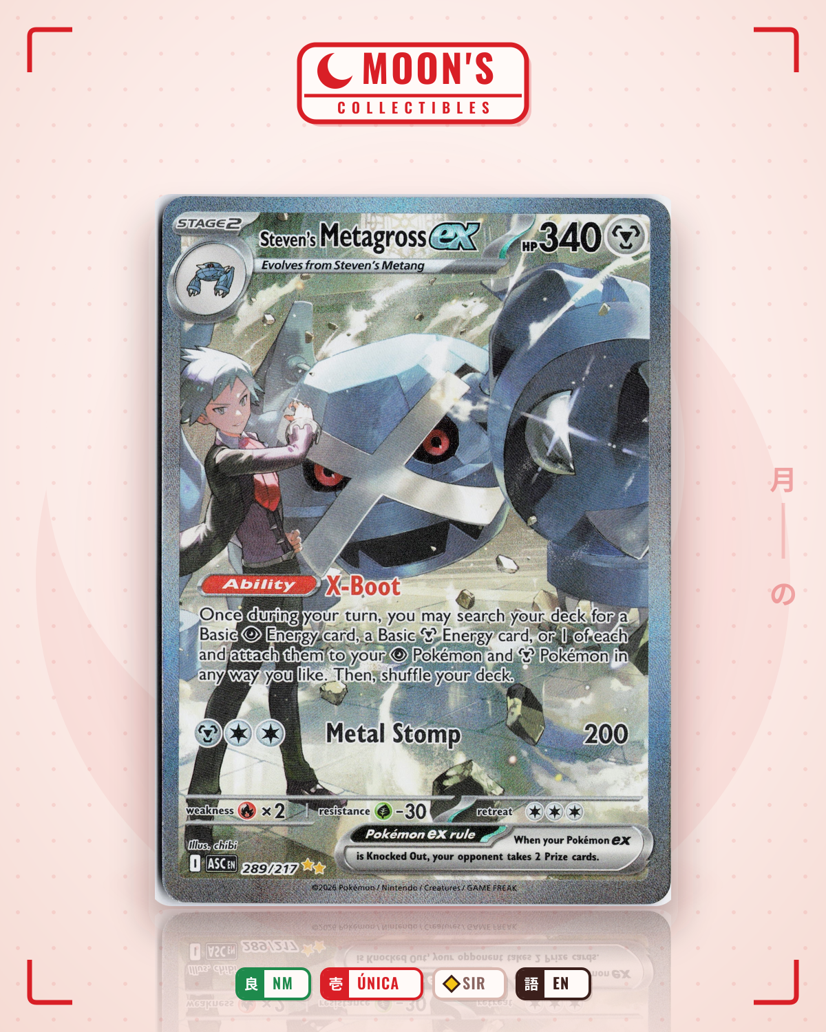 Carta Pokémon Steven's Metagross ex · Ascended Heroes #289/217 (NM) — pieza única en Moon's Collectibles México