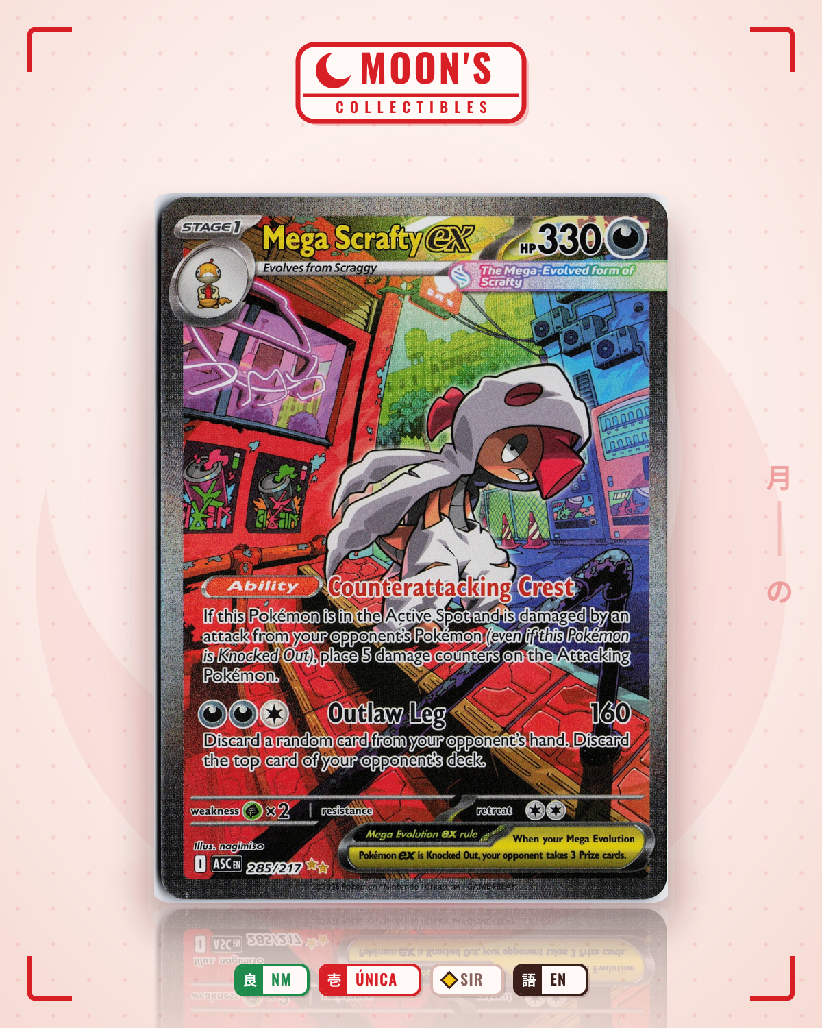 Carta Pokémon Mega Scrafty ex · Ascended Heroes #285/217 (NM) — pieza única en Moon's Collectibles México