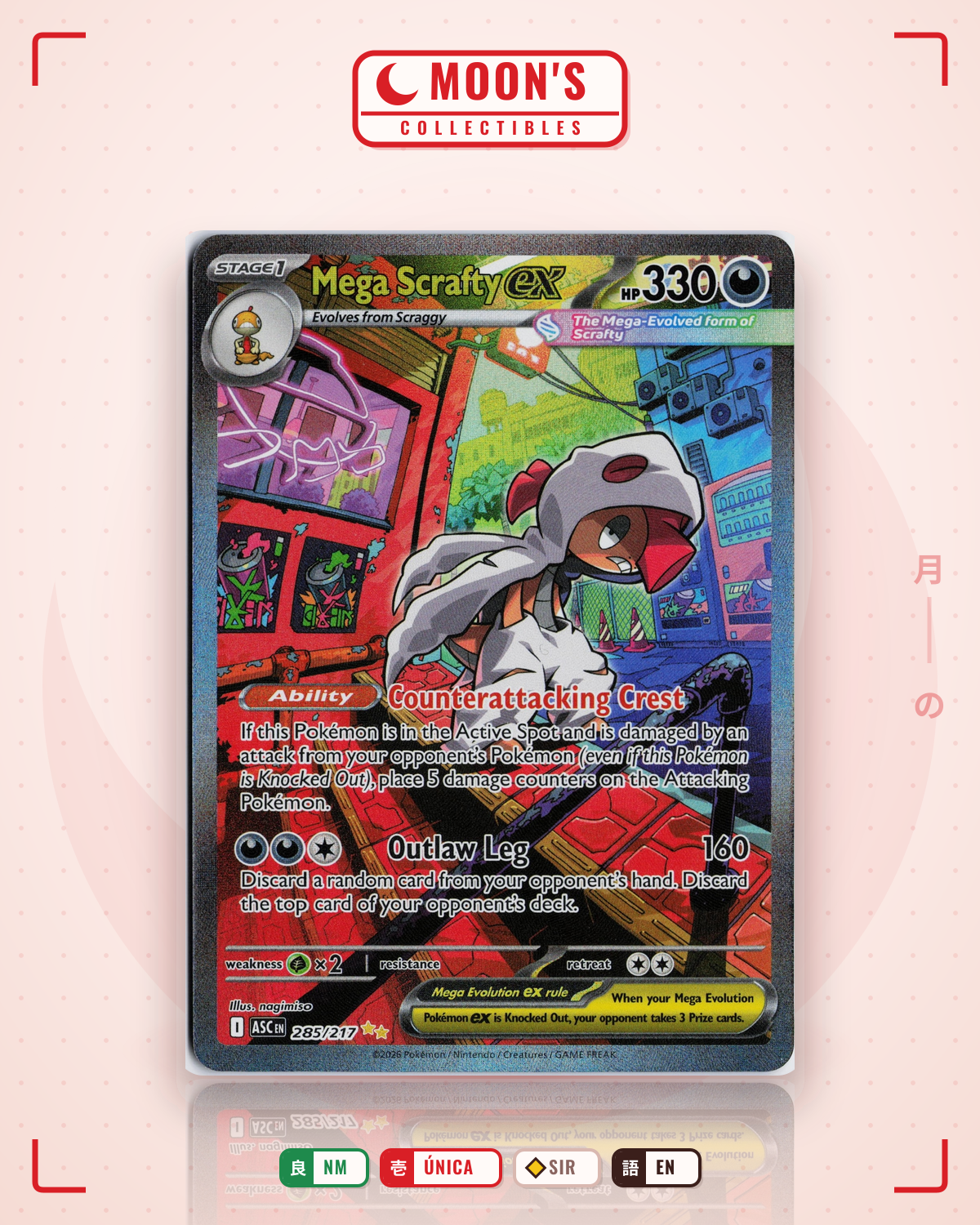 Carta Pokémon Mega Scrafty ex · Ascended Heroes #285/217 (NM) — pieza única en Moon's Collectibles México
