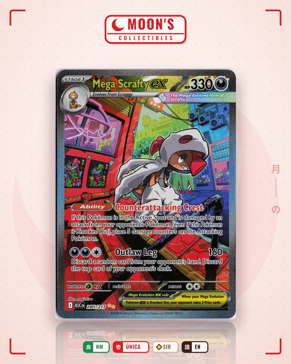Carta Pokémon Mega Scrafty ex · Ascended Heroes #285/217 (NM) — pieza única en Moon's Collectibles México