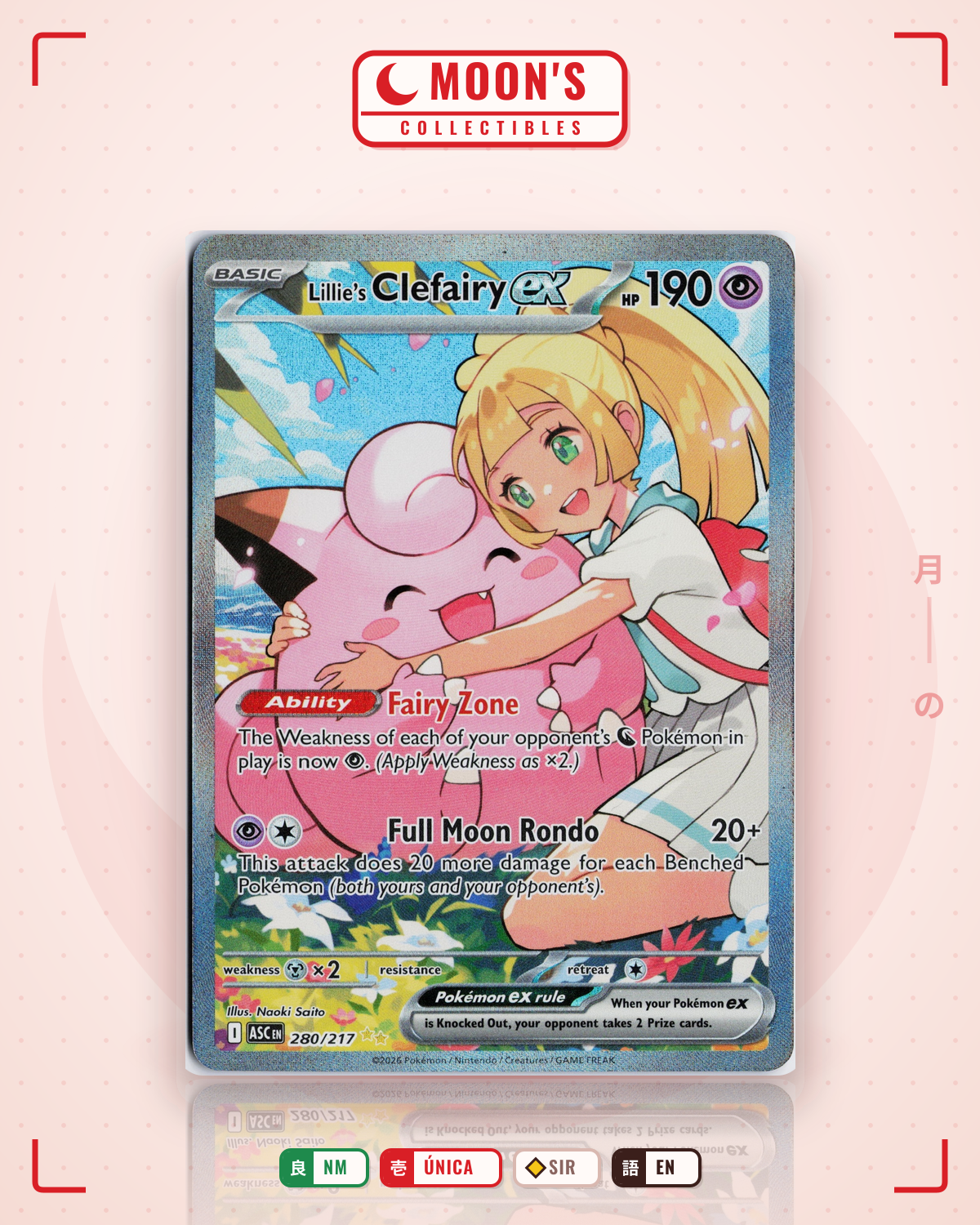 Carta Pokémon Lillie's Clefairy ex · Ascended Heroes #280/217 (NM) — pieza única en Moon's Collectibles México