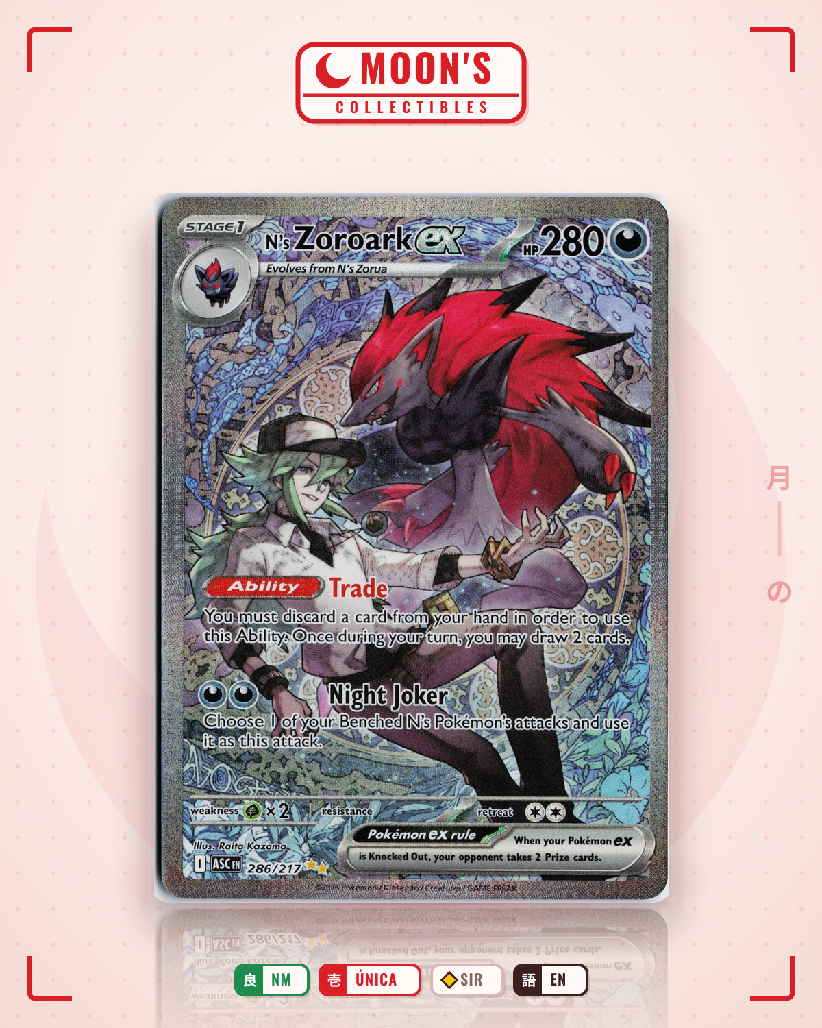 Carta Pokémon N's Zoroark ex · Ascended Heroes #286/217 (NM) — pieza única en Moon's Collectibles México