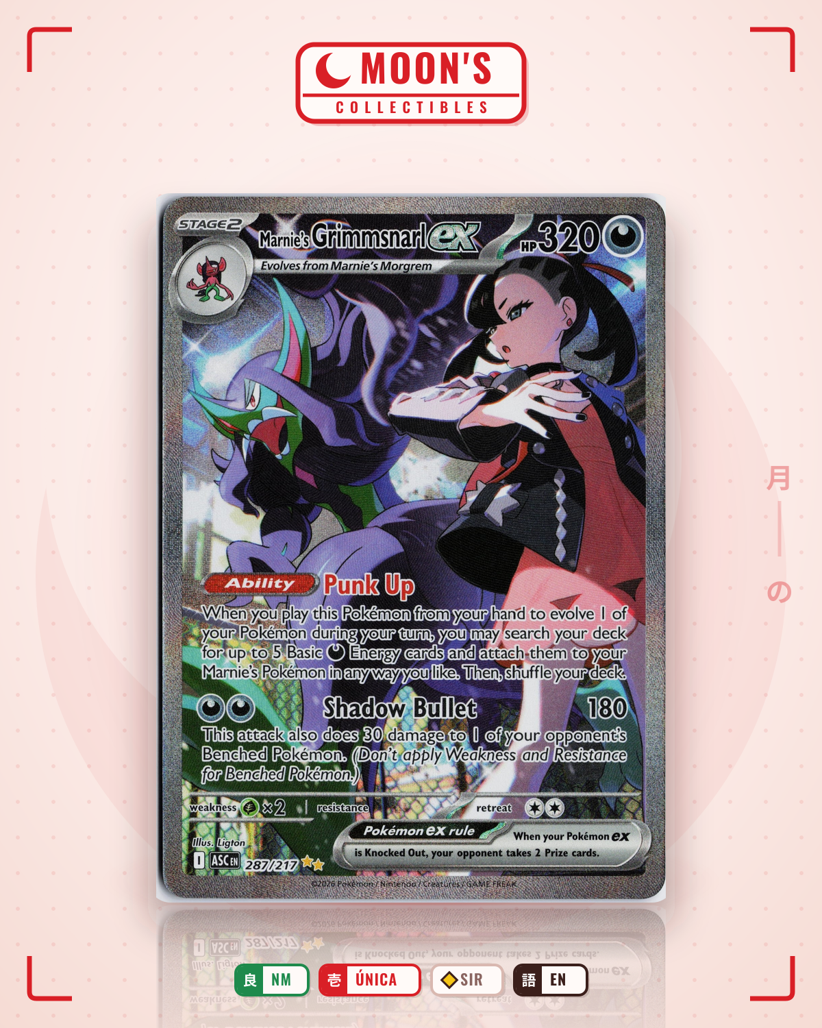Carta Pokémon Marnie's Grimmsnarl ex · Ascended Heroes #287/217 (NM) — pieza única en Moon's Collectibles México