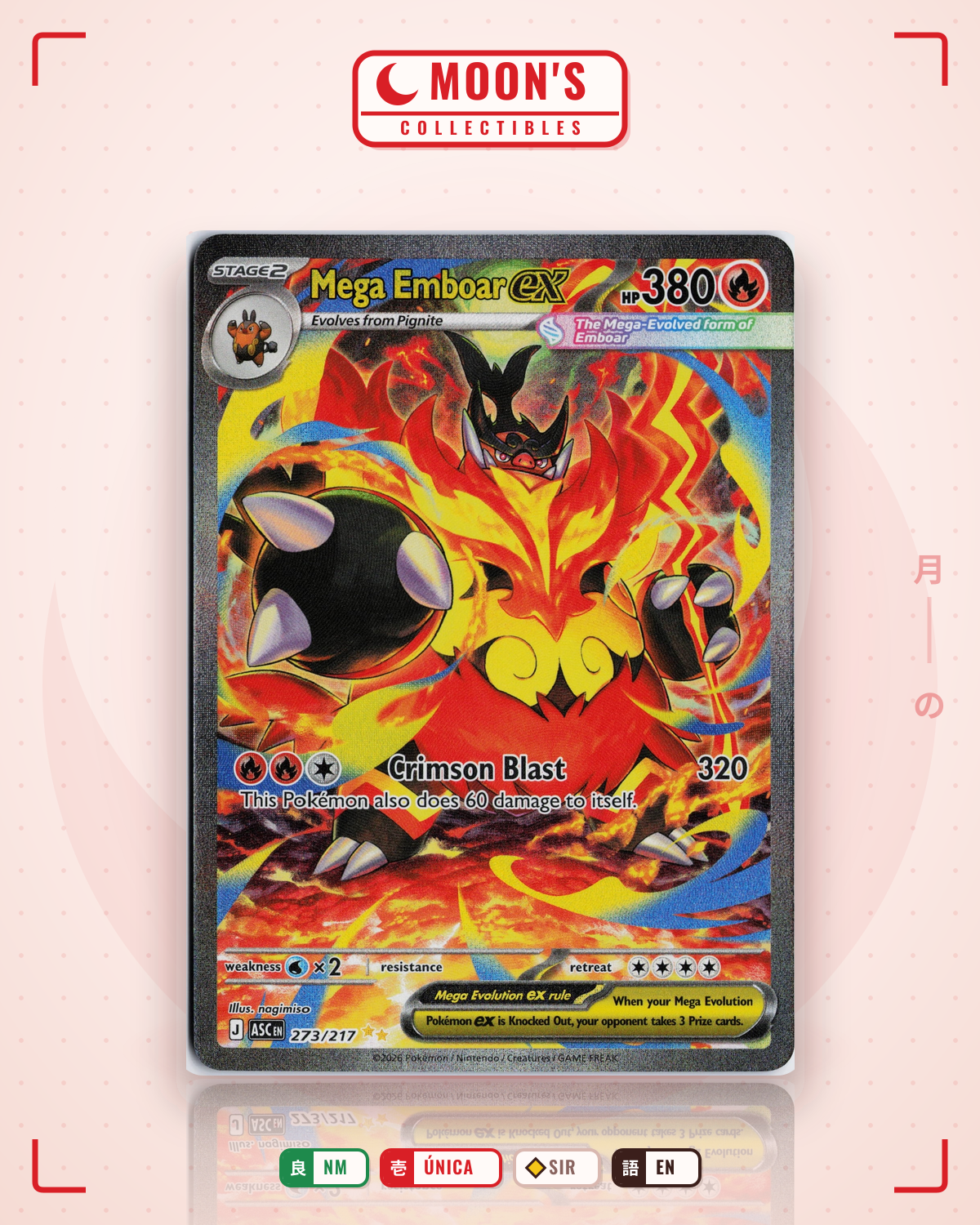 Carta Pokémon Mega Emboar ex · Ascended Heroes #273/217 (NM) — pieza única en Moon's Collectibles México