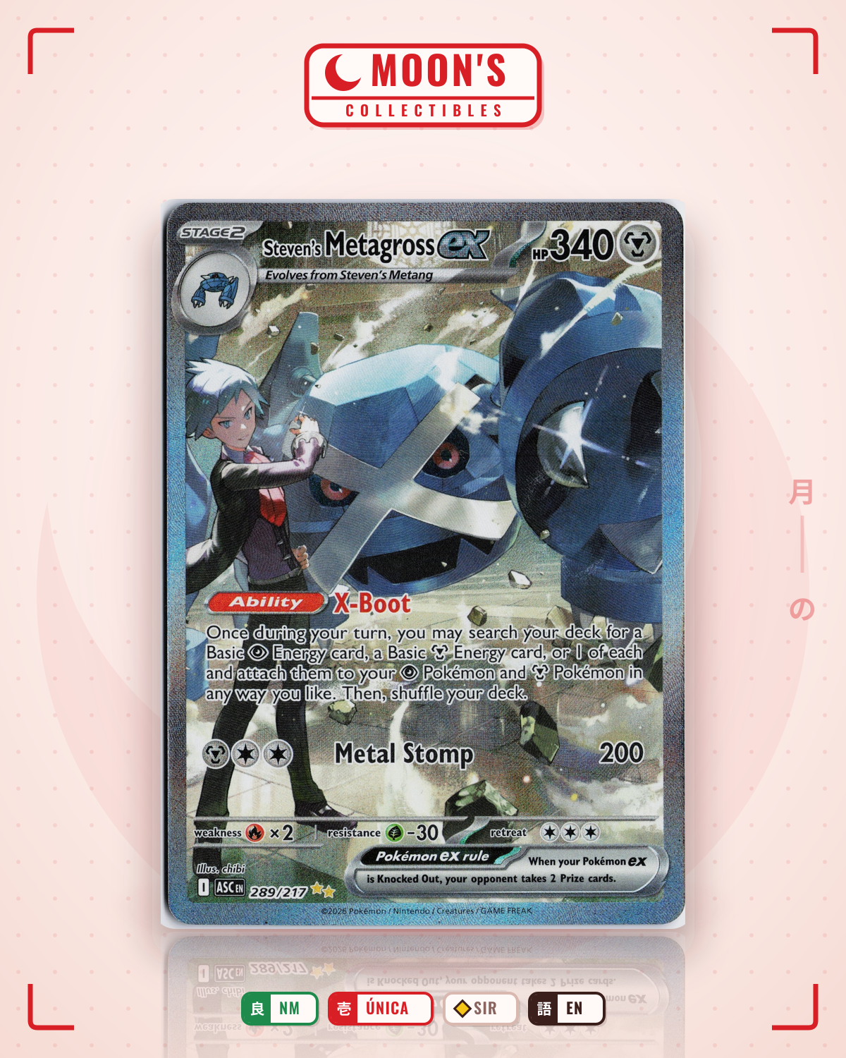 Carta Pokémon Steven's Metagross ex · Ascended Heroes #289/217 (NM) — pieza única en Moon's Collectibles México