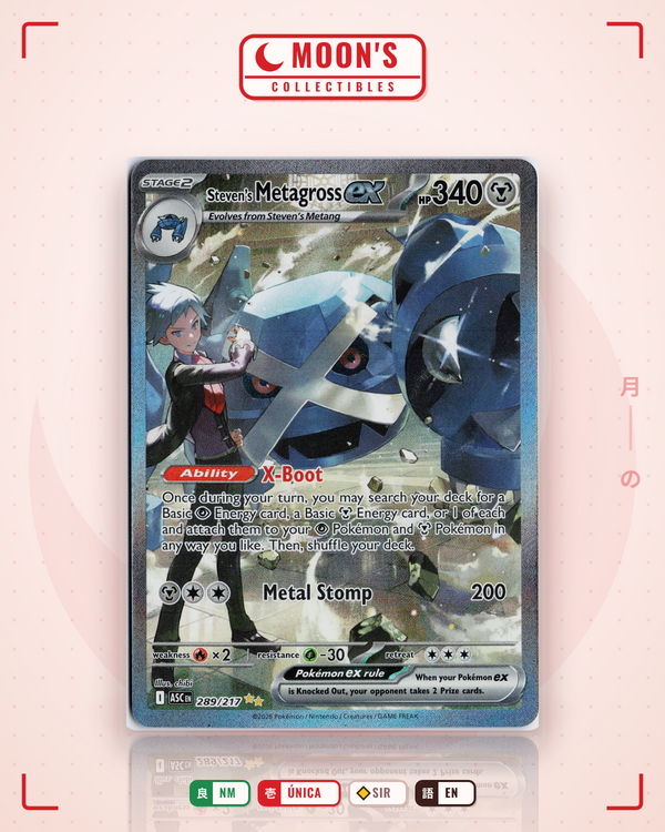 Carta Pokémon Steven's Metagross ex · Ascended Heroes #289/217 (NM) — pieza única en Moon's Collectibles México