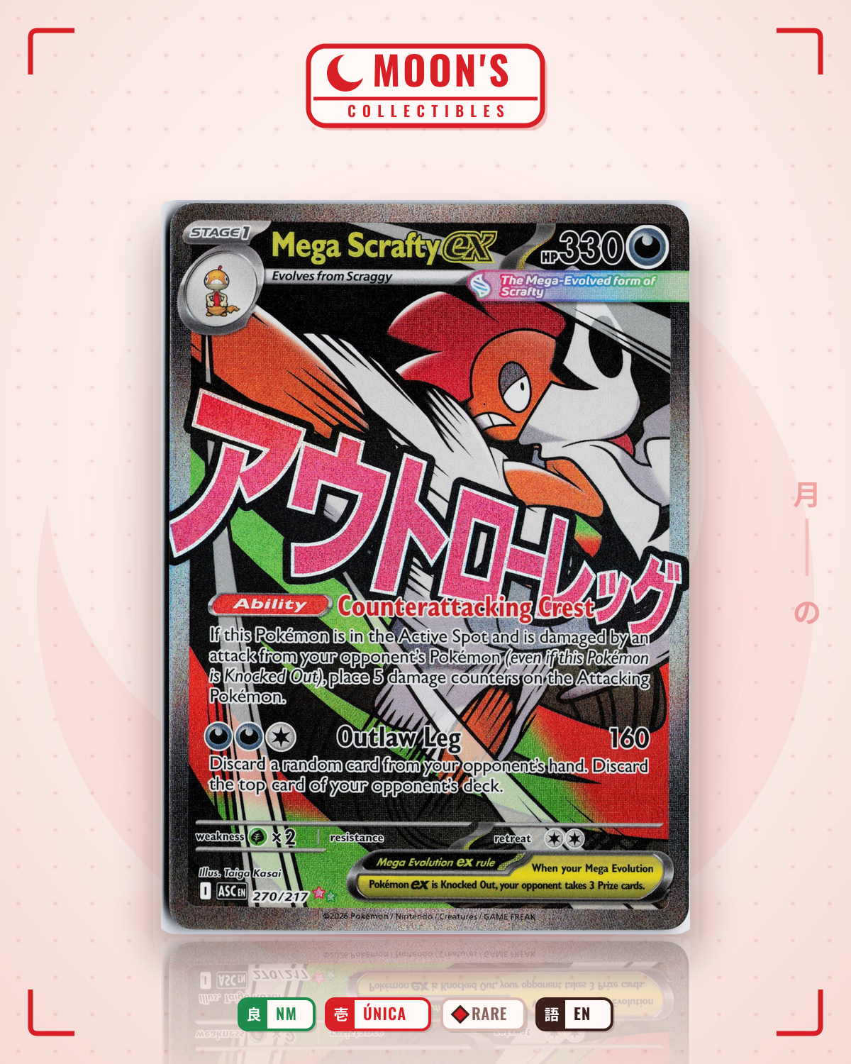 Carta Pokémon Mega Scrafty ex · Ascended Heroes #270/217 (NM) — pieza única en Moon's Collectibles México