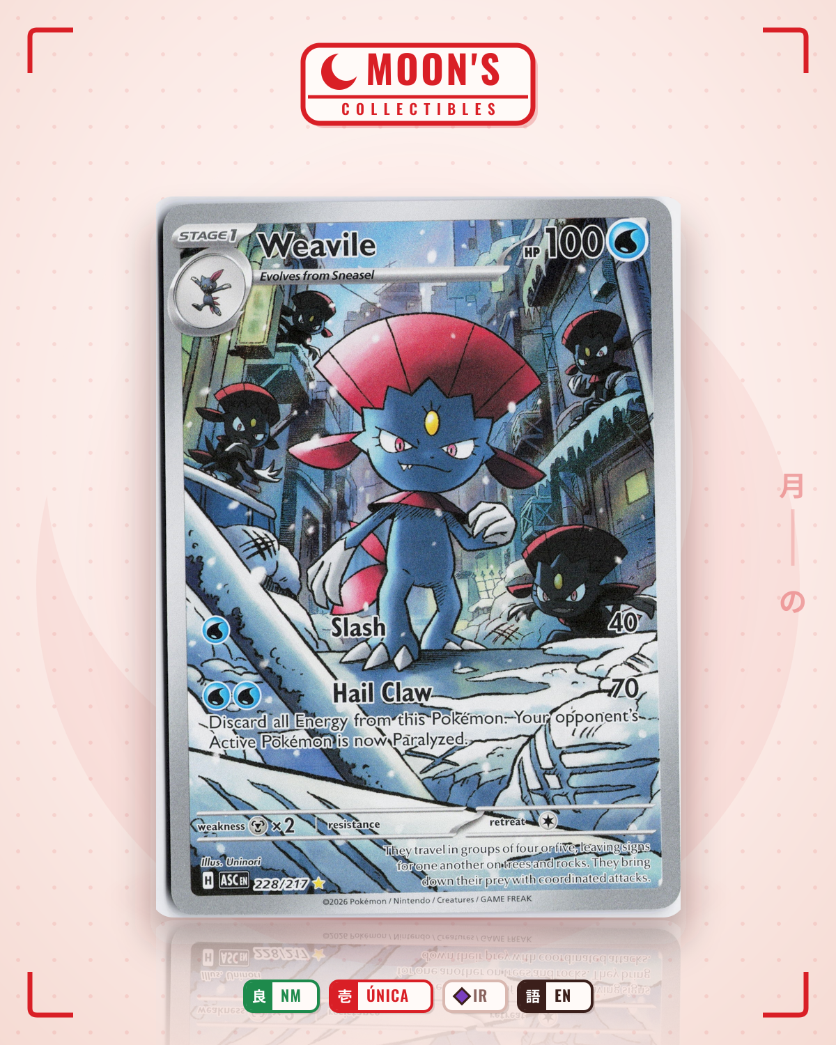 Carta Pokémon Weavile · Ascended Heroes #228/217 (NM) — pieza única en Moon's Collectibles México