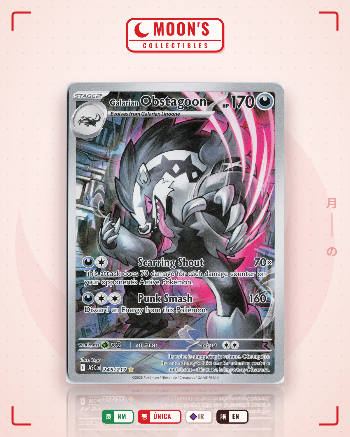 Carta Pokémon Galarian Obstagoon · Ascended Heroes #245/217 (NM) — pieza única en Moon's Collectibles México