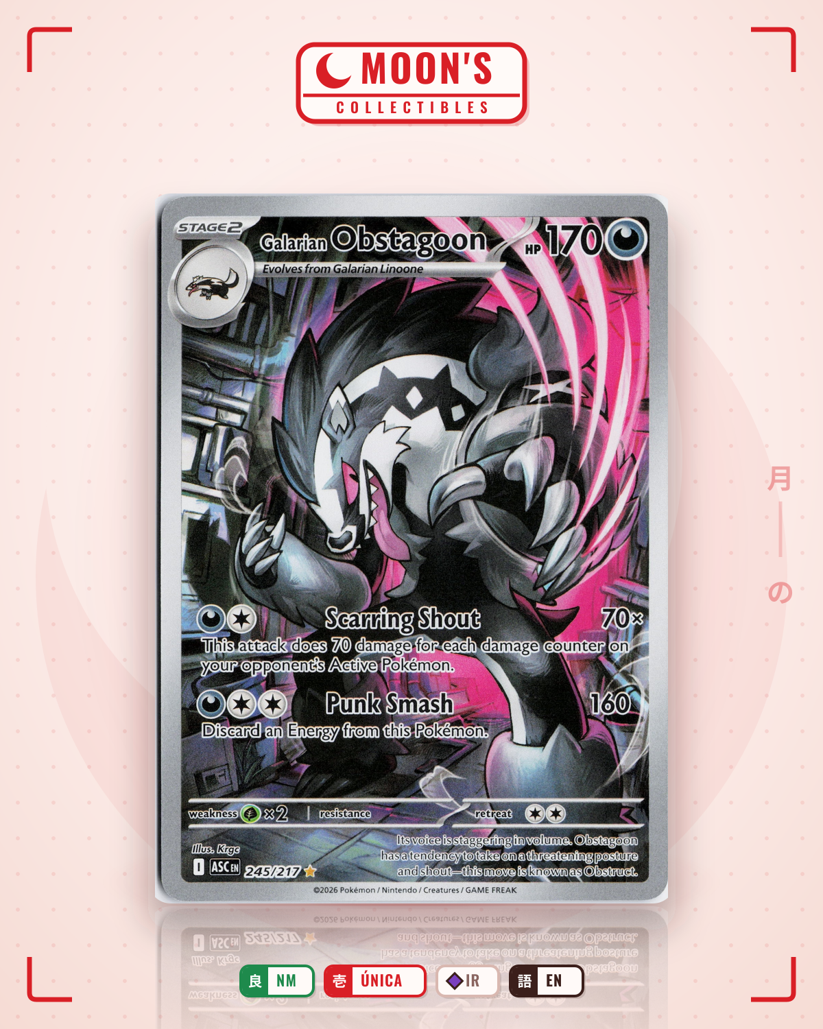 Carta Pokémon Galarian Obstagoon · Ascended Heroes #245/217 (NM) — pieza única en Moon's Collectibles México