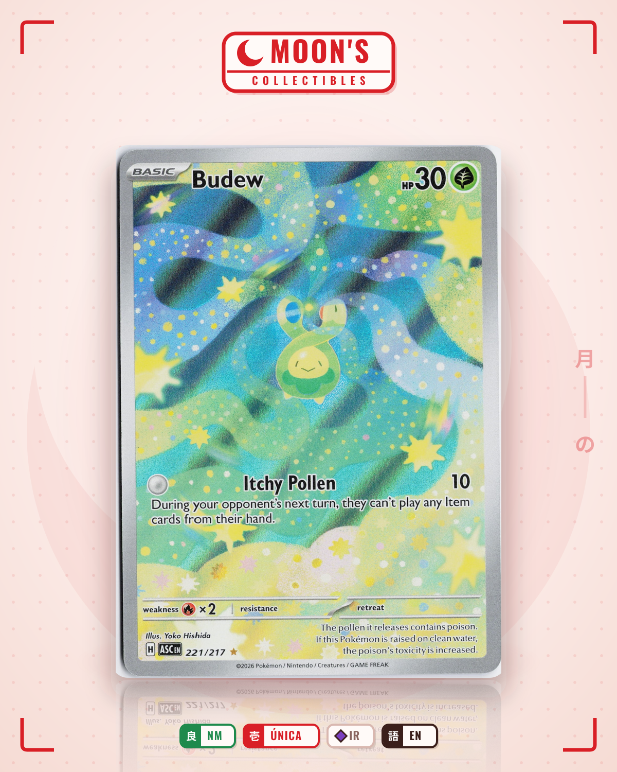 Carta Pokémon Budew · Ascended Heroes #221/217 (NM) — pieza única en Moon's Collectibles México