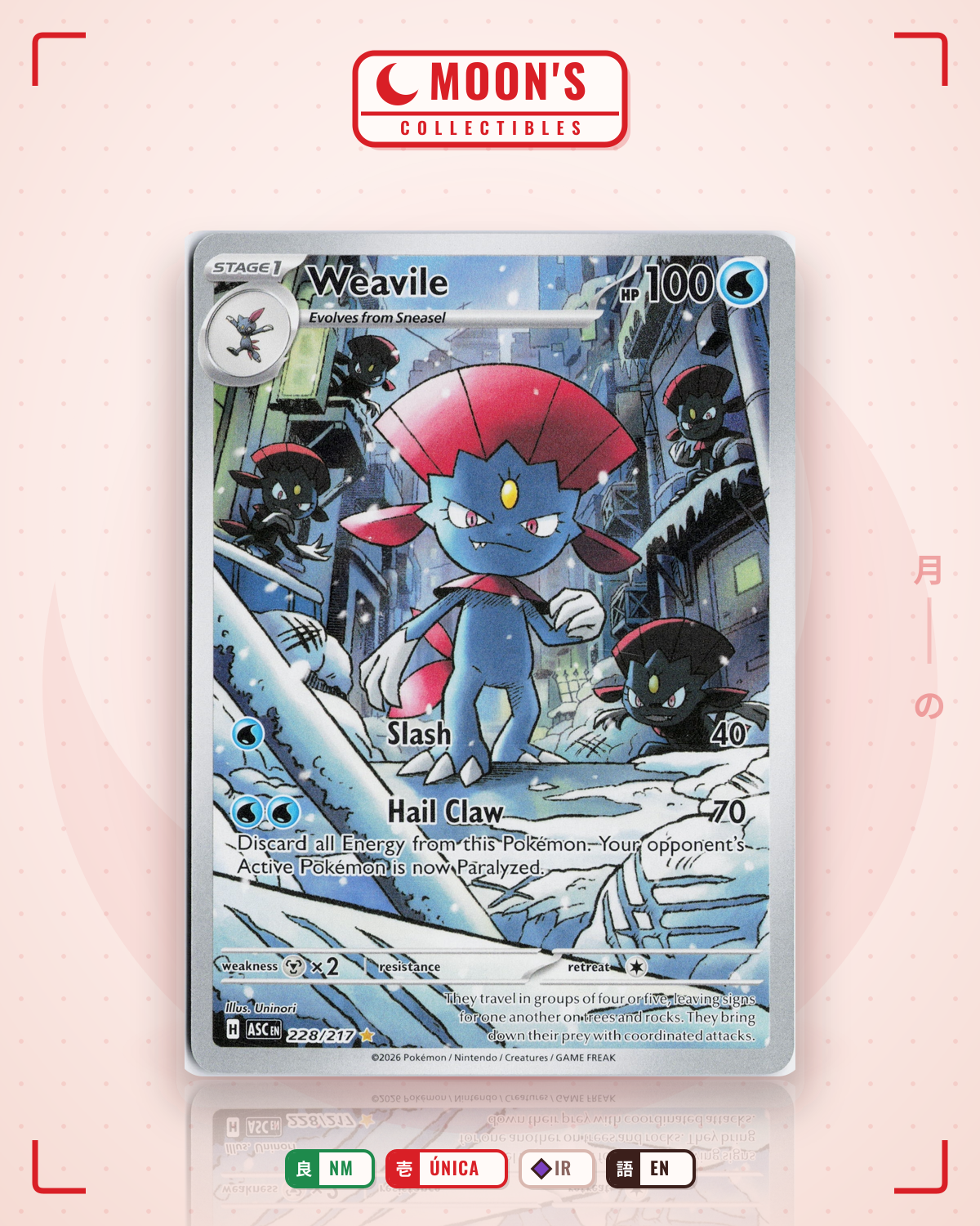 Carta Pokémon Weavile · Ascended Heroes #228/217 (NM) — pieza única en Moon's Collectibles México