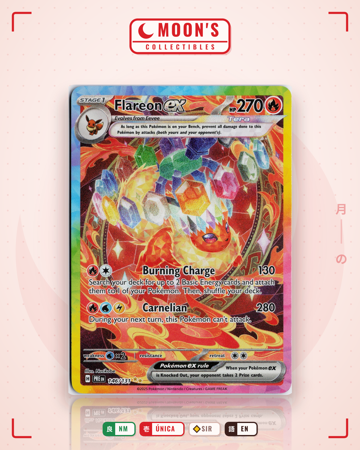 Carta Pokémon Flareon ex · Prismatic Evolutions #146/131 (NM) — pieza única en Moon's Collectibles México