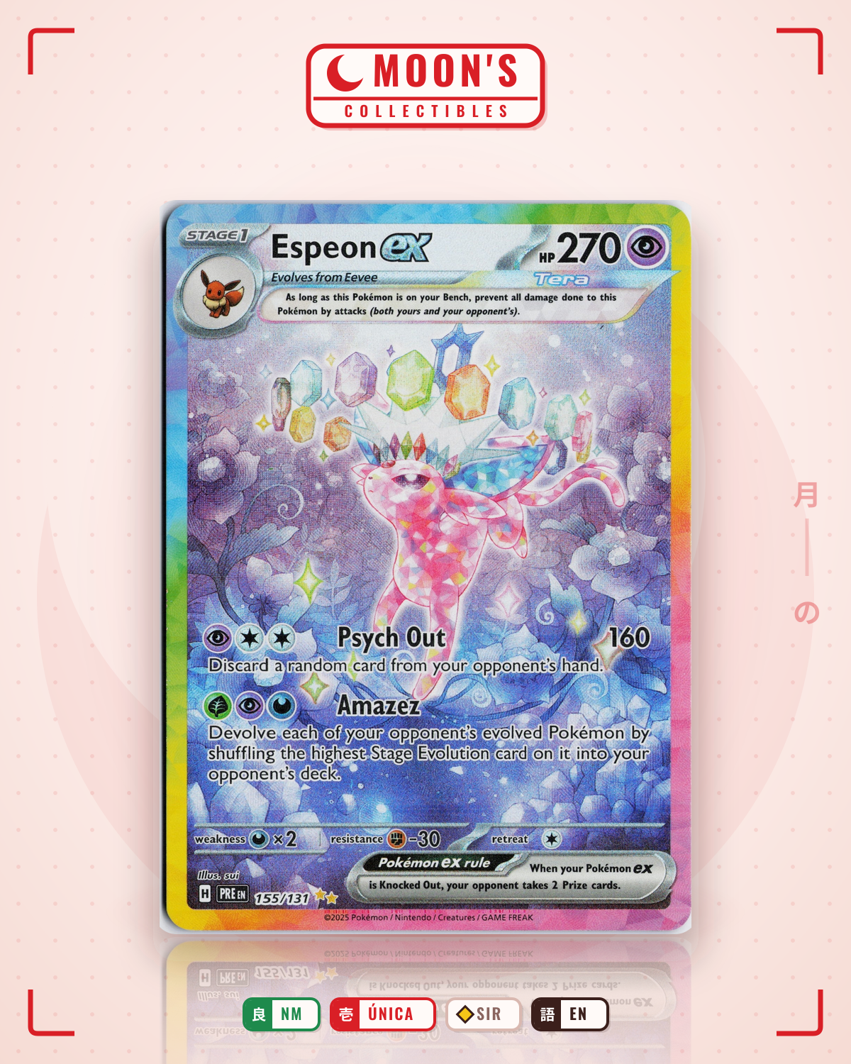 Carta Pokémon Espeon ex · Prismatic Evolutions #155/131 (NM) — pieza única en Moon's Collectibles México