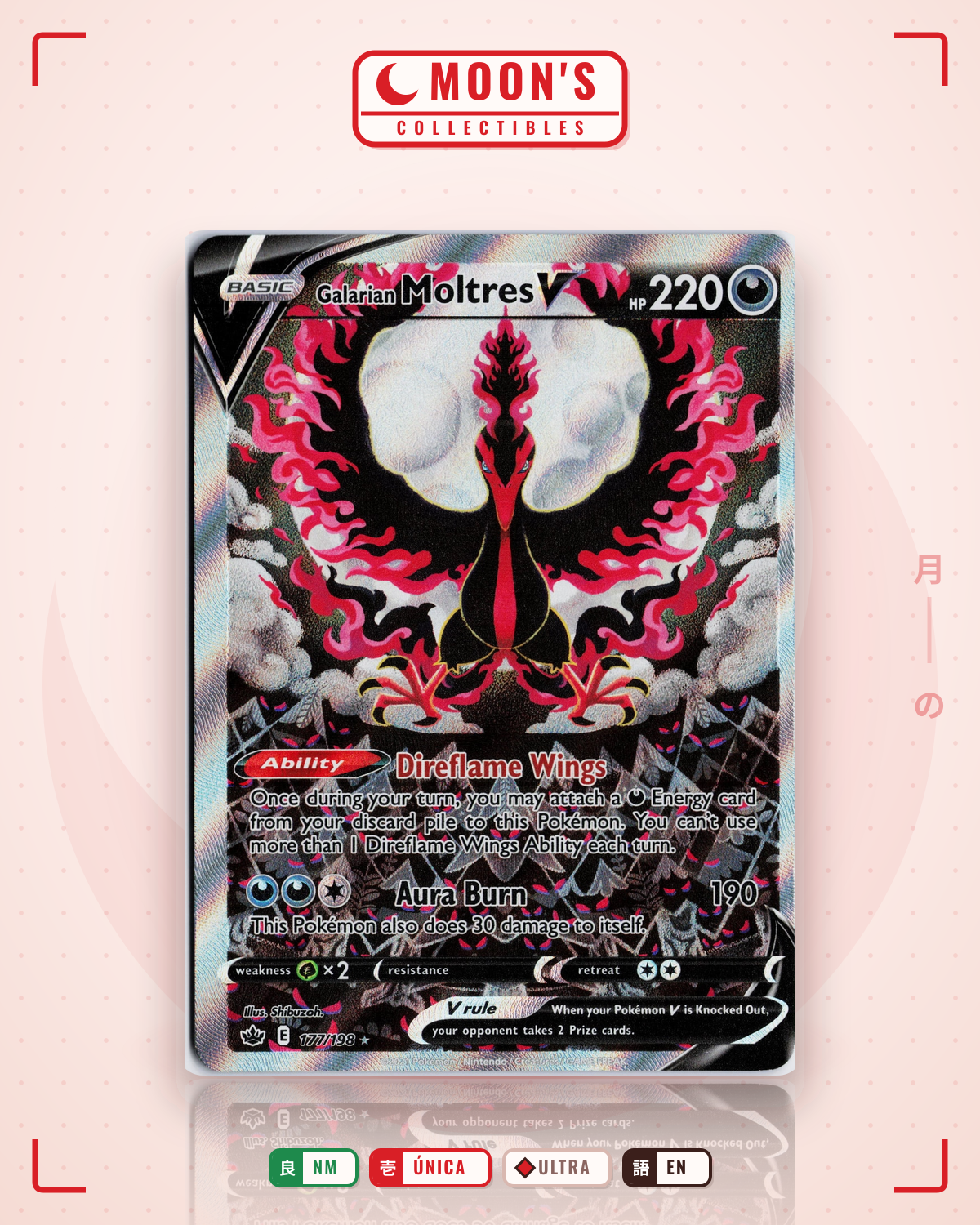 Carta Pokémon Galarian Moltres V · Chilling Reign #177/198 (NM) — pieza única en Moon's Collectibles México